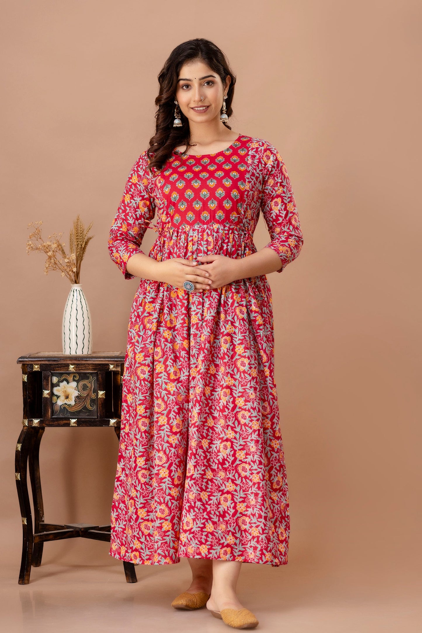 Hima Premium Cotton Anarkali Feeding & Maternity Kurti – 48 Inch Length, 2 Side Zips All-Day Comfort for Moms (Red)(TUL001)
