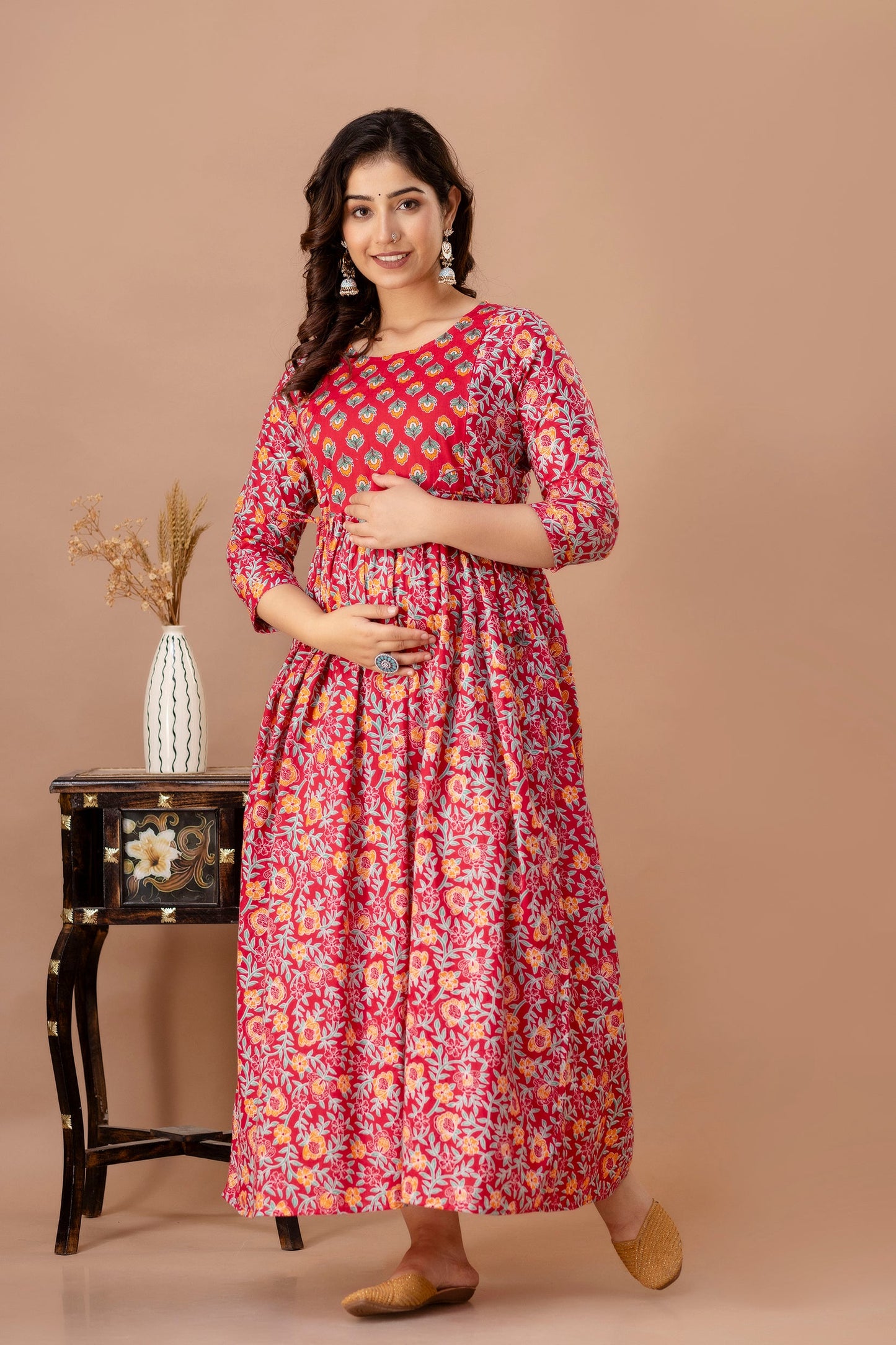 Hima Premium Cotton Anarkali Feeding & Maternity Kurti – 48 Inch Length, 2 Side Zips All-Day Comfort for Moms (Red)(TUL001)