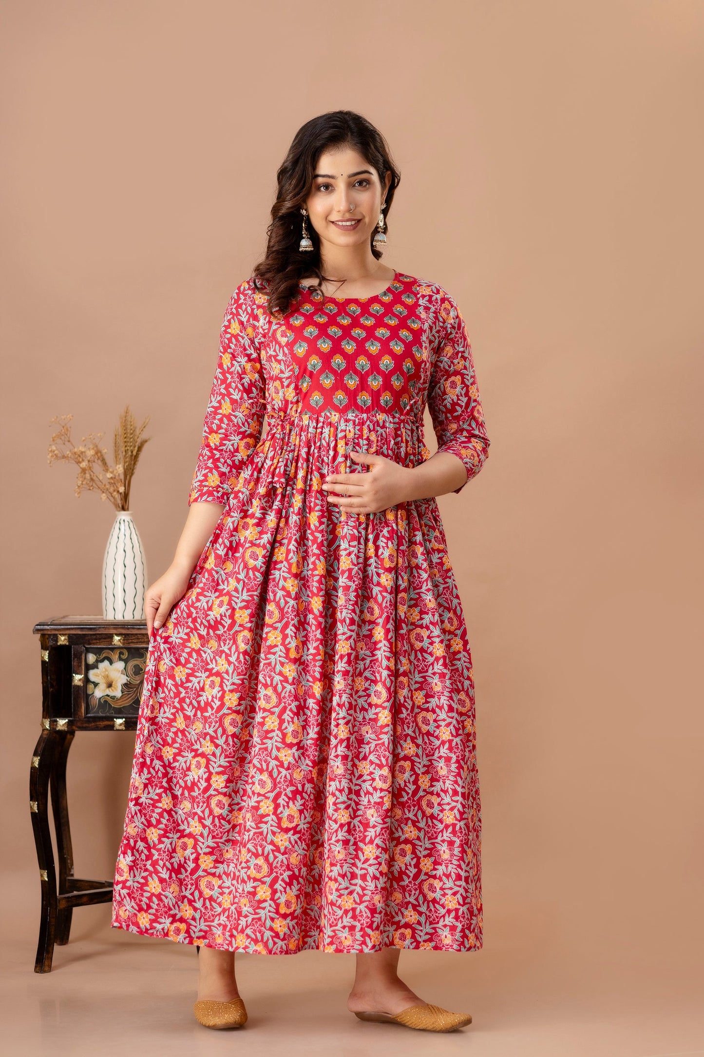 Hima Premium Cotton Anarkali Feeding & Maternity Kurti – 48 Inch Length, 2 Side Zips All-Day Comfort for Moms (Red)(TUL001)