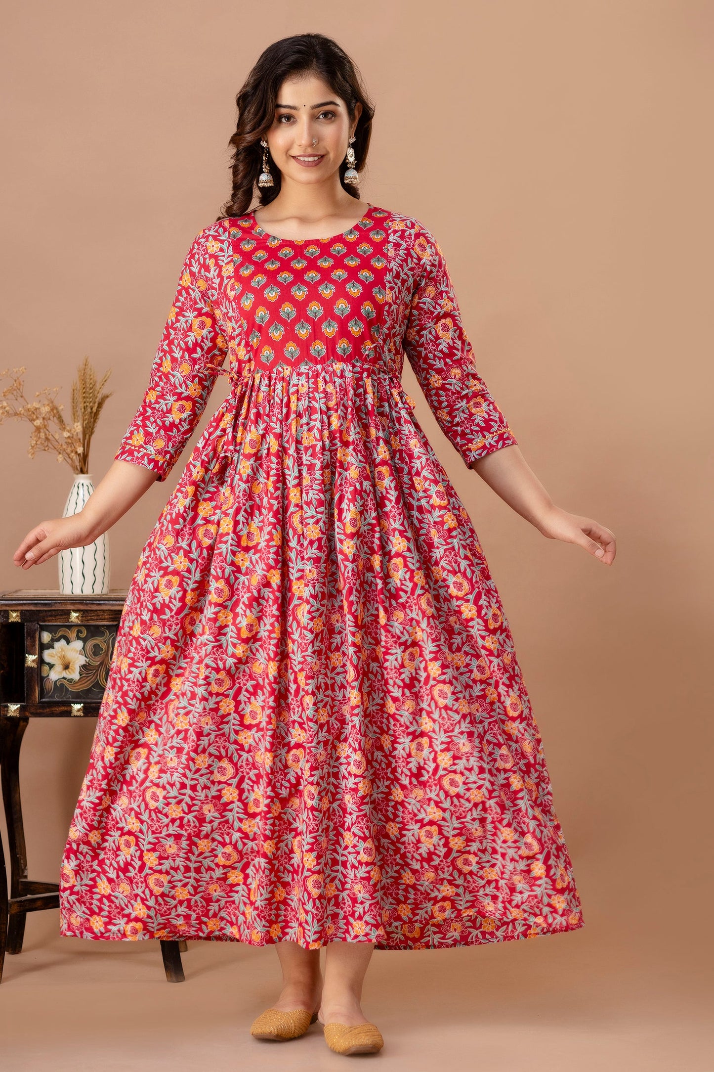 Hima Premium Cotton Anarkali Feeding & Maternity Kurti – 48 Inch Length, 2 Side Zips All-Day Comfort for Moms (Red)(TUL001)