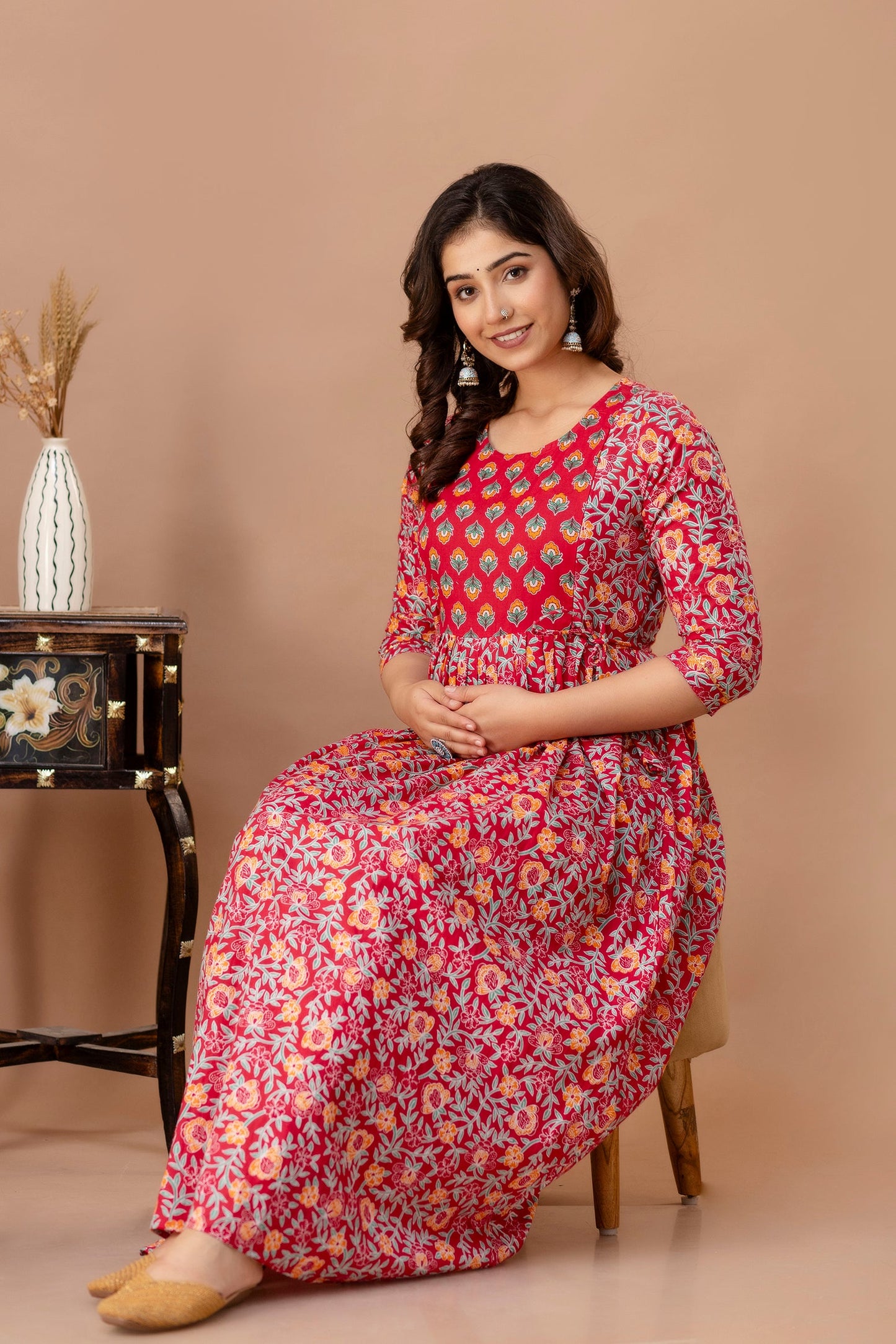 Hima Premium Cotton Anarkali Feeding & Maternity Kurti – 48 Inch Length, 2 Side Zips All-Day Comfort for Moms (Red)(TUL001)