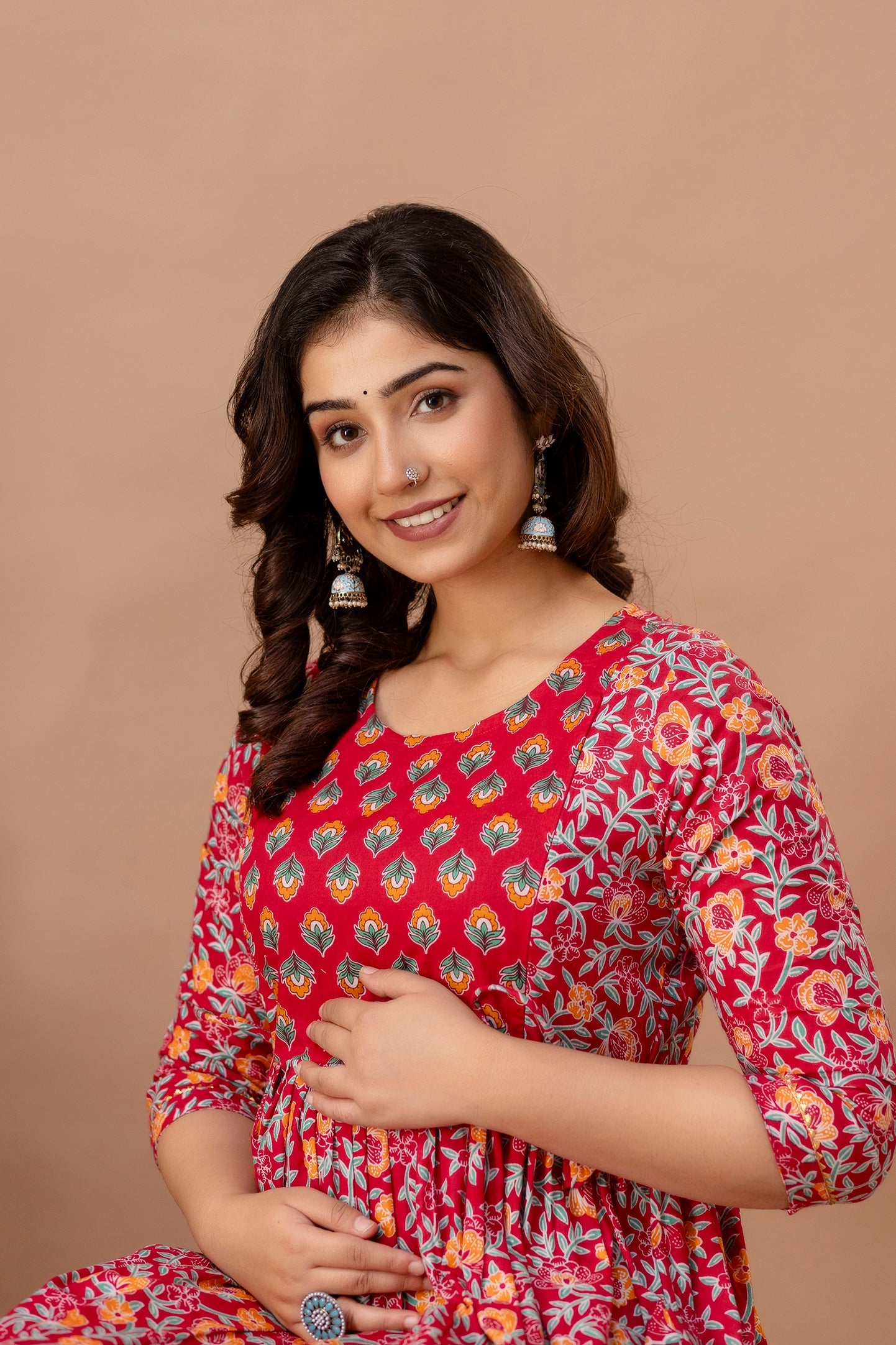 Hima Premium Cotton Anarkali Feeding & Maternity Kurti – 48 Inch Length, 2 Side Zips All-Day Comfort for Moms (Red)(TUL001)