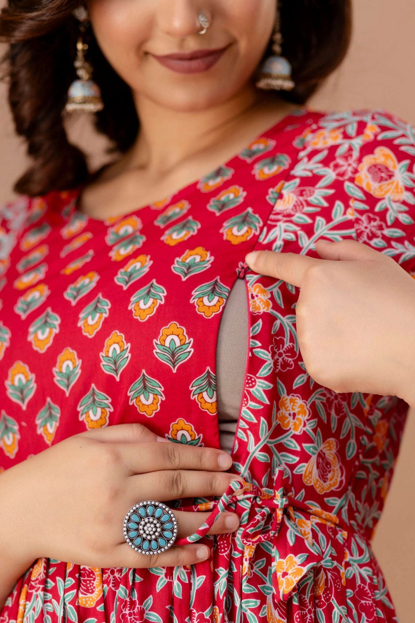 Hima Premium Cotton Anarkali Feeding & Maternity Kurti – 48 Inch Length, 2 Side Zips All-Day Comfort for Moms (Red)(TUL001)