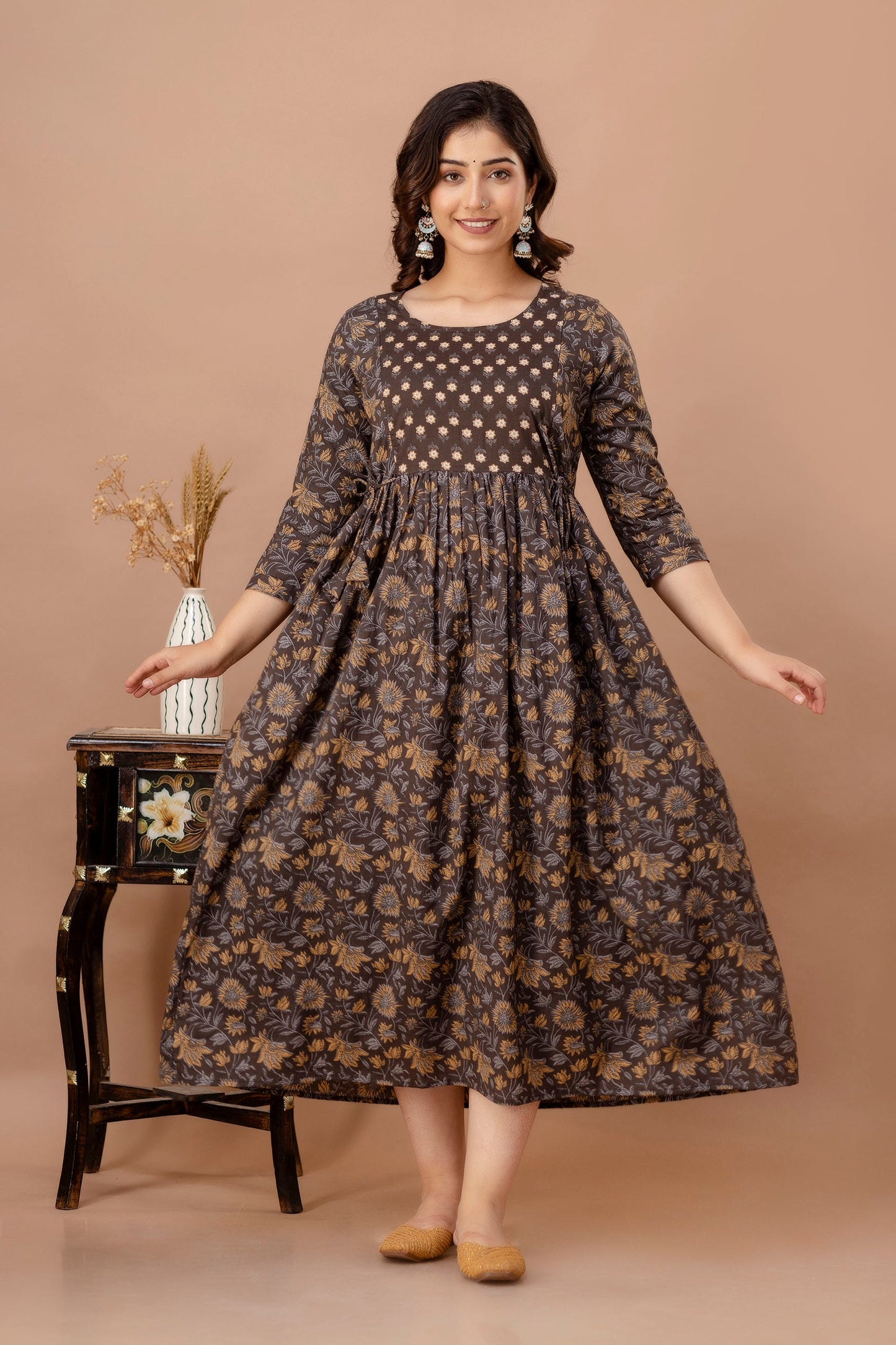 Hima Premium Cotton Anarkali Feeding & Maternity Kurti – 48 Inch Length, 2 Side Zips All-Day Comfort for Moms (Brown)