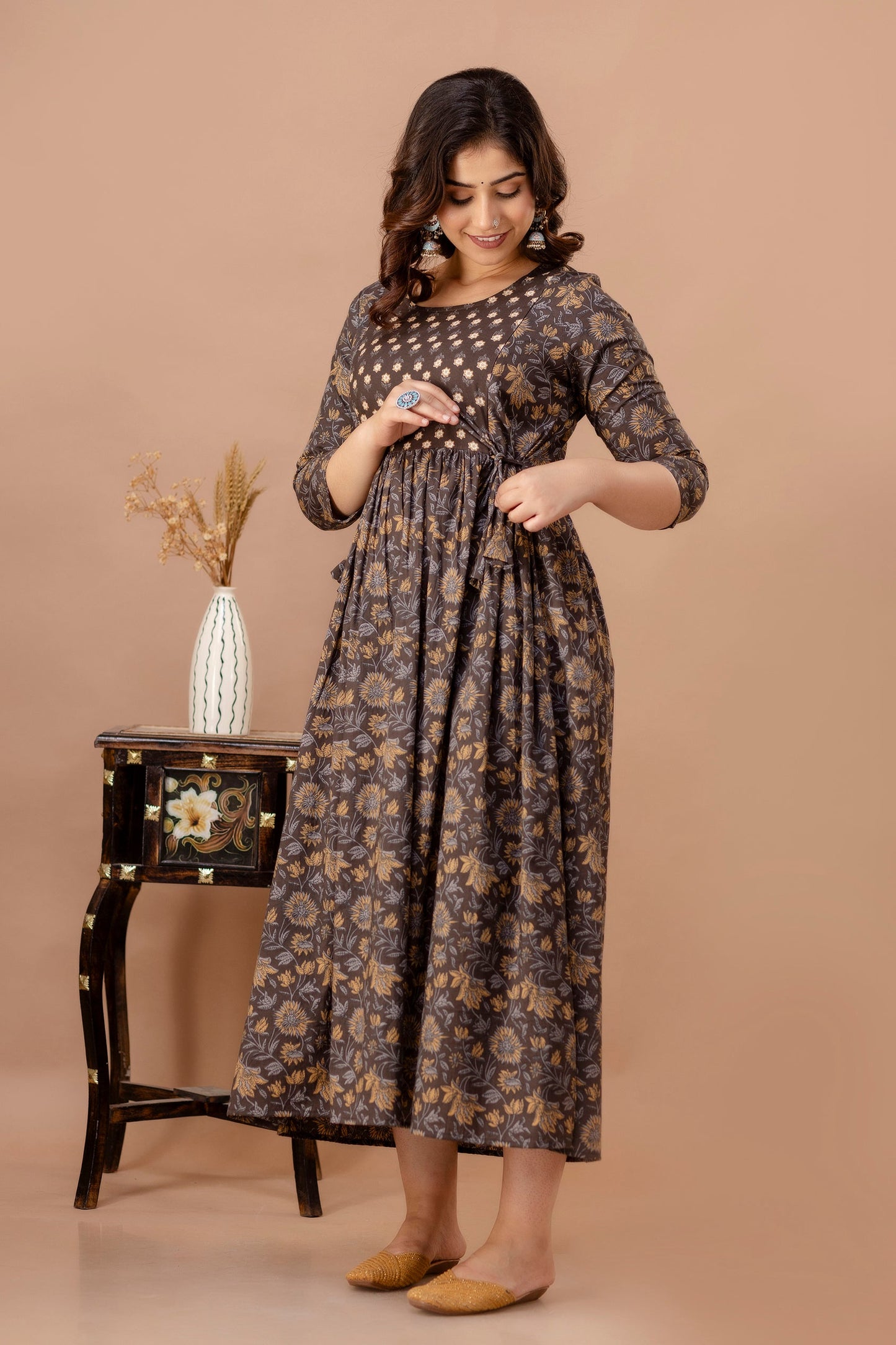 Hima Premium Cotton Anarkali Feeding & Maternity Kurti – 48 Inch Length, 2 Side Zips All-Day Comfort for Moms (Brown)