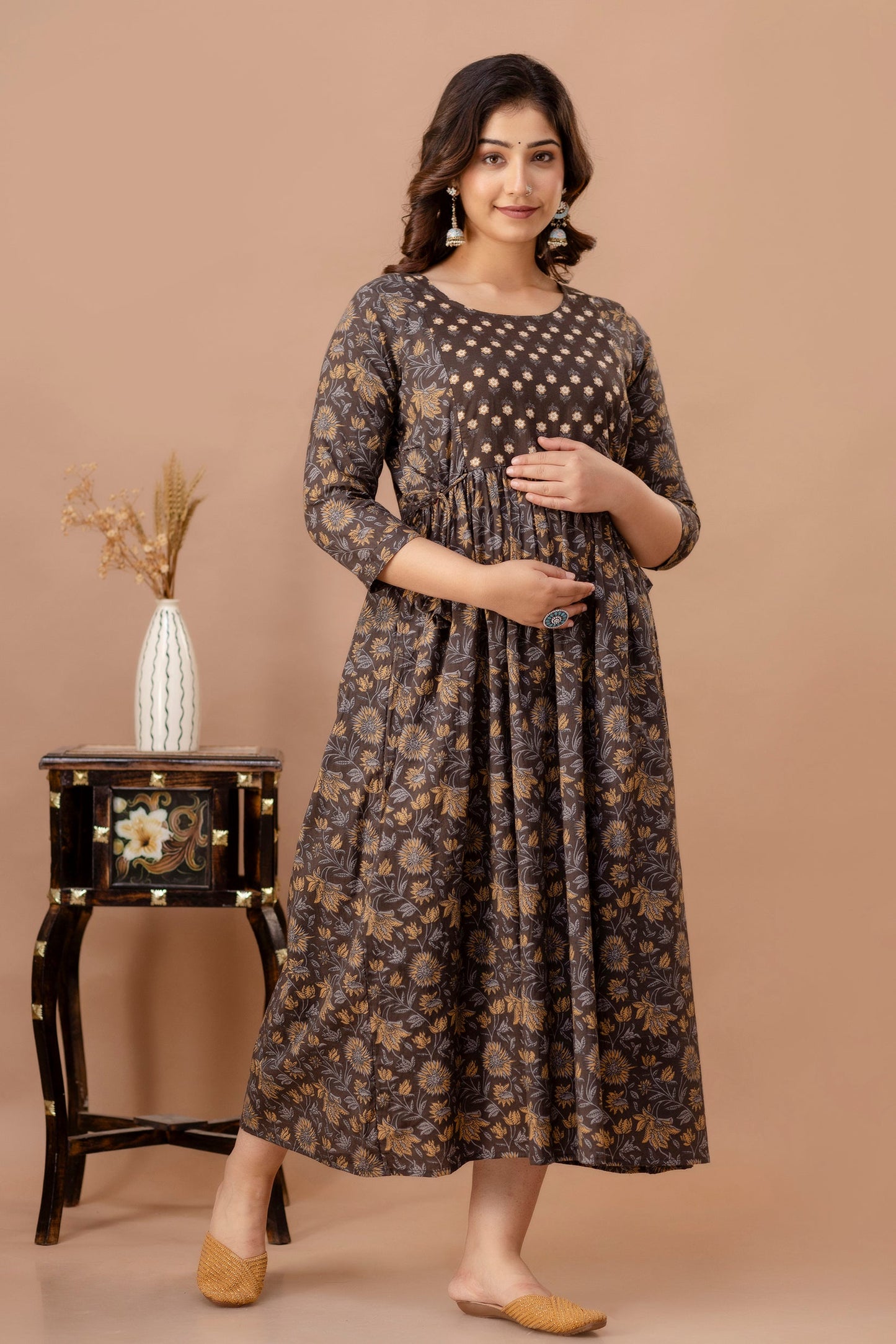 Hima Premium Cotton Anarkali Feeding & Maternity Kurti – 48 Inch Length, 2 Side Zips All-Day Comfort for Moms (Brown)