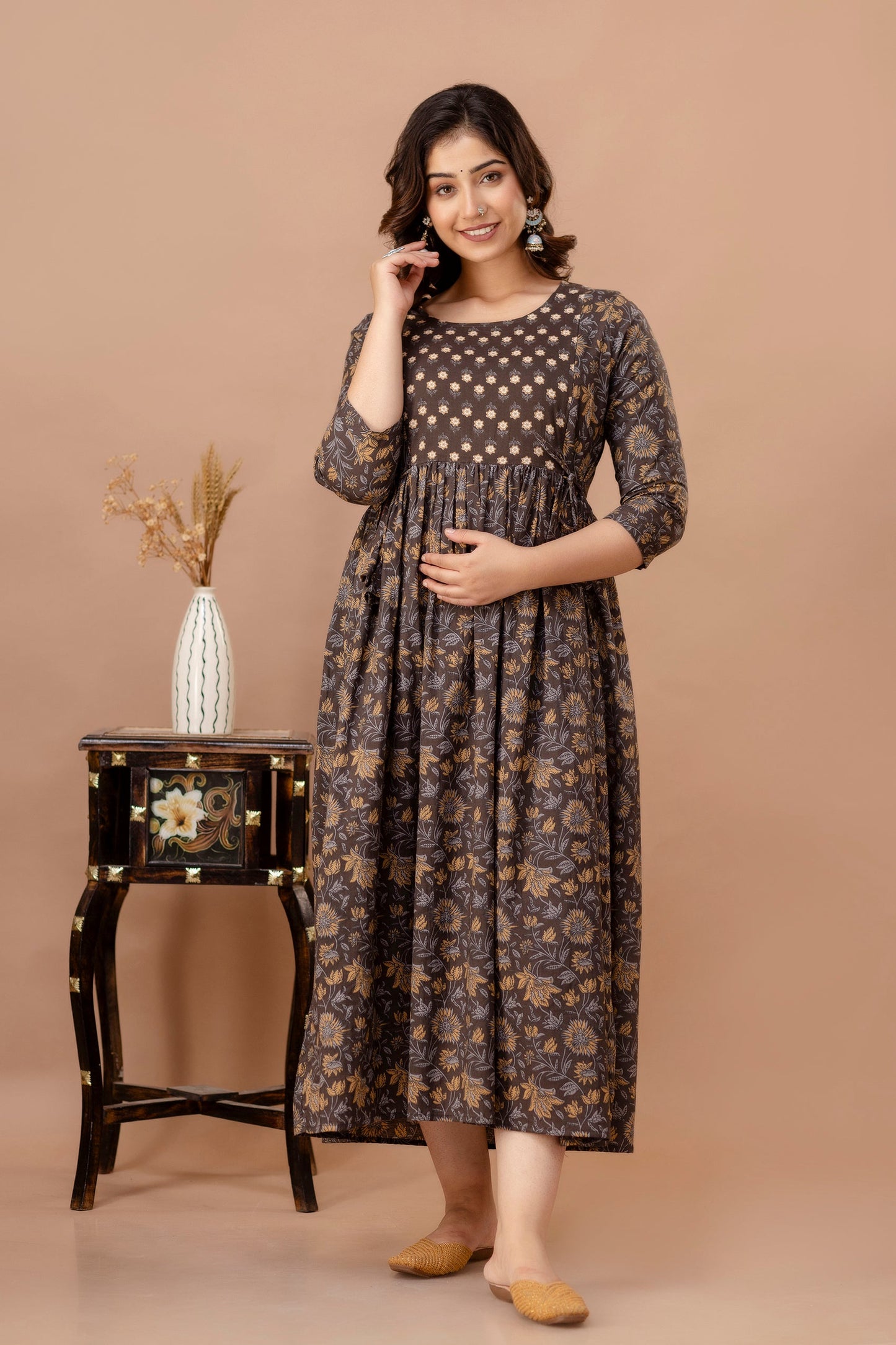 Hima Premium Cotton Anarkali Feeding & Maternity Kurti – 48 Inch Length, 2 Side Zips All-Day Comfort for Moms (Brown)