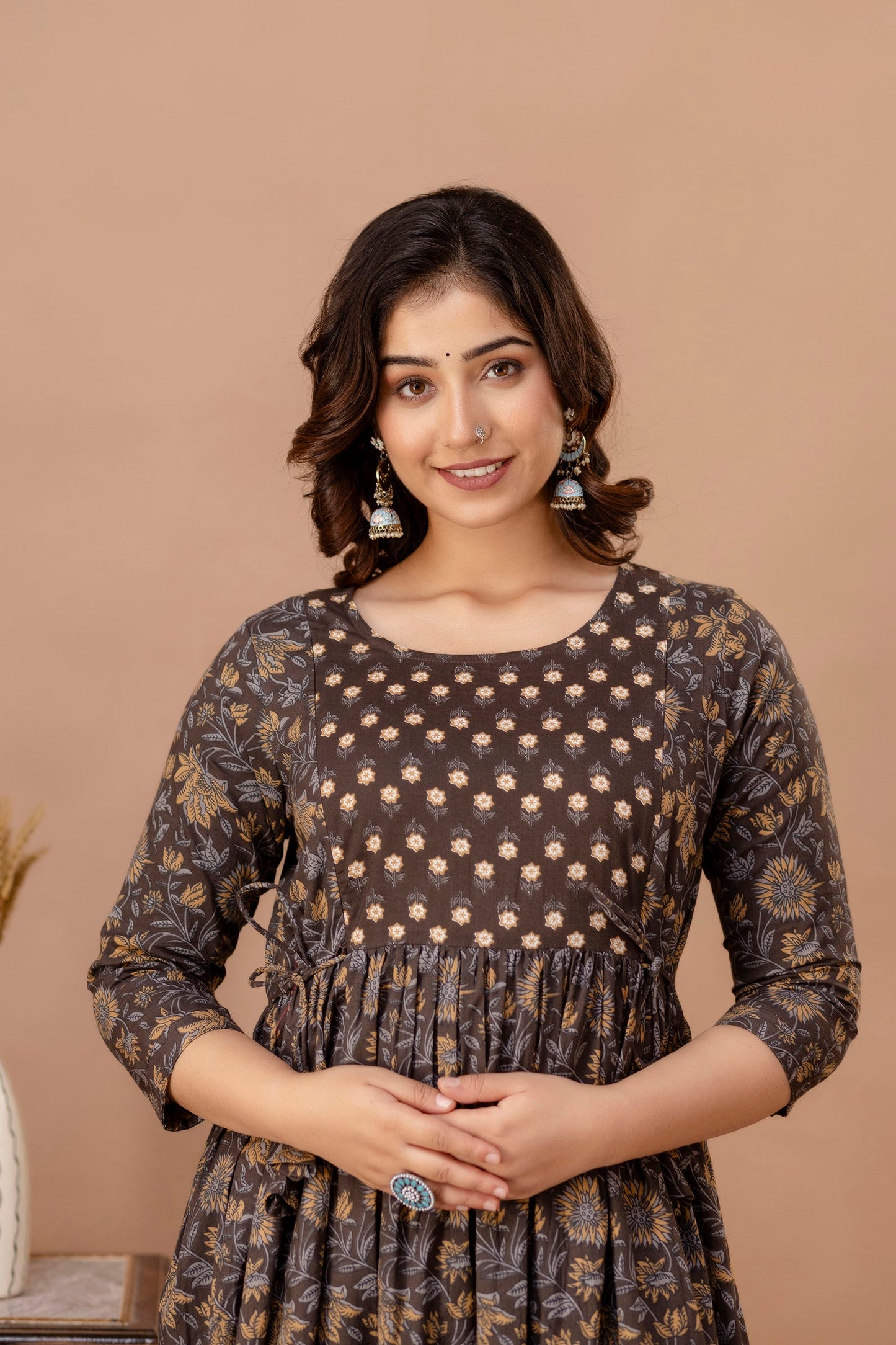 Hima Premium Cotton Anarkali Feeding & Maternity Kurti – 48 Inch Length, 2 Side Zips All-Day Comfort for Moms (Brown)