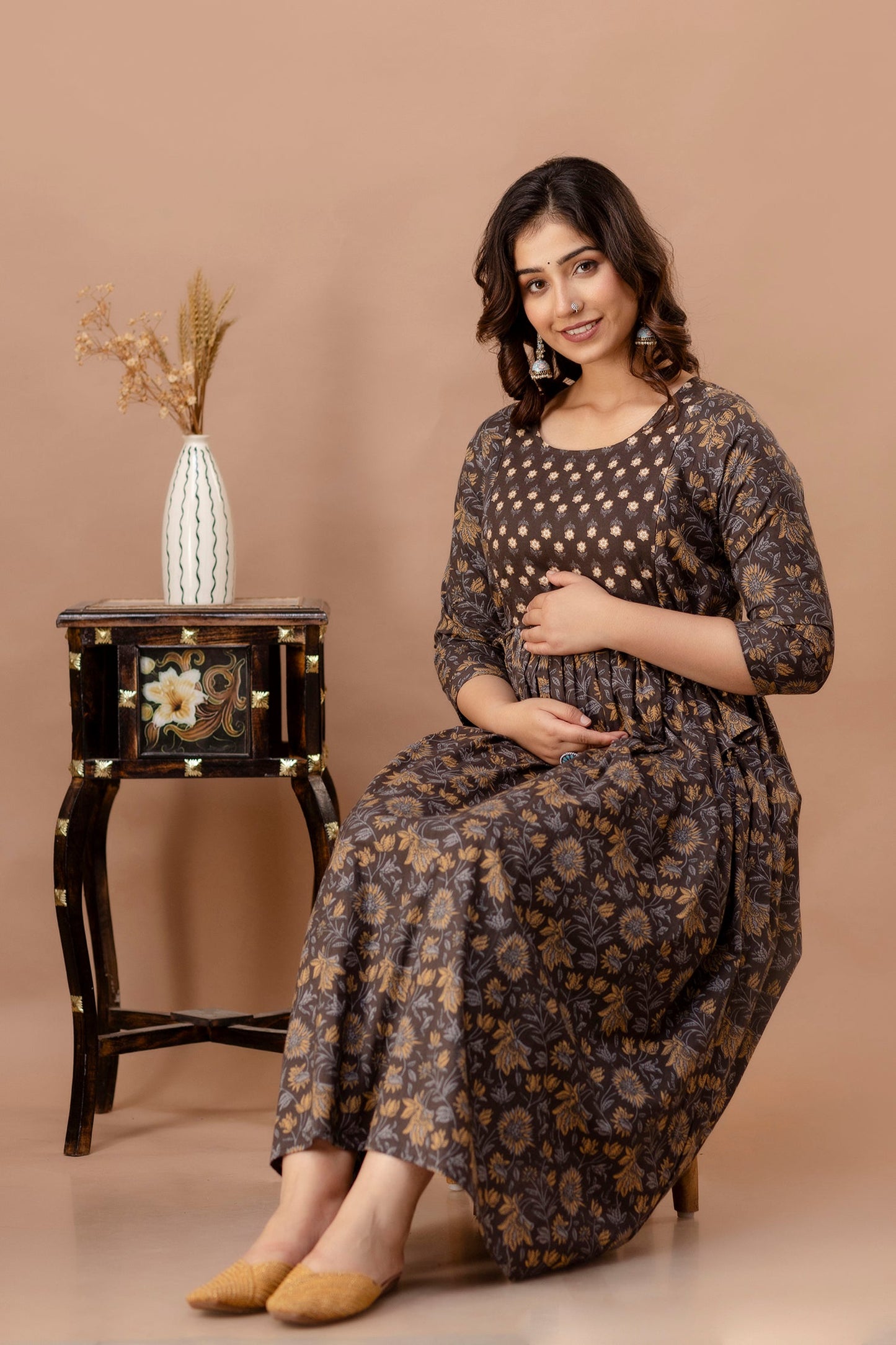 Hima Premium Cotton Anarkali Feeding & Maternity Kurti – 48 Inch Length, 2 Side Zips All-Day Comfort for Moms (Brown)