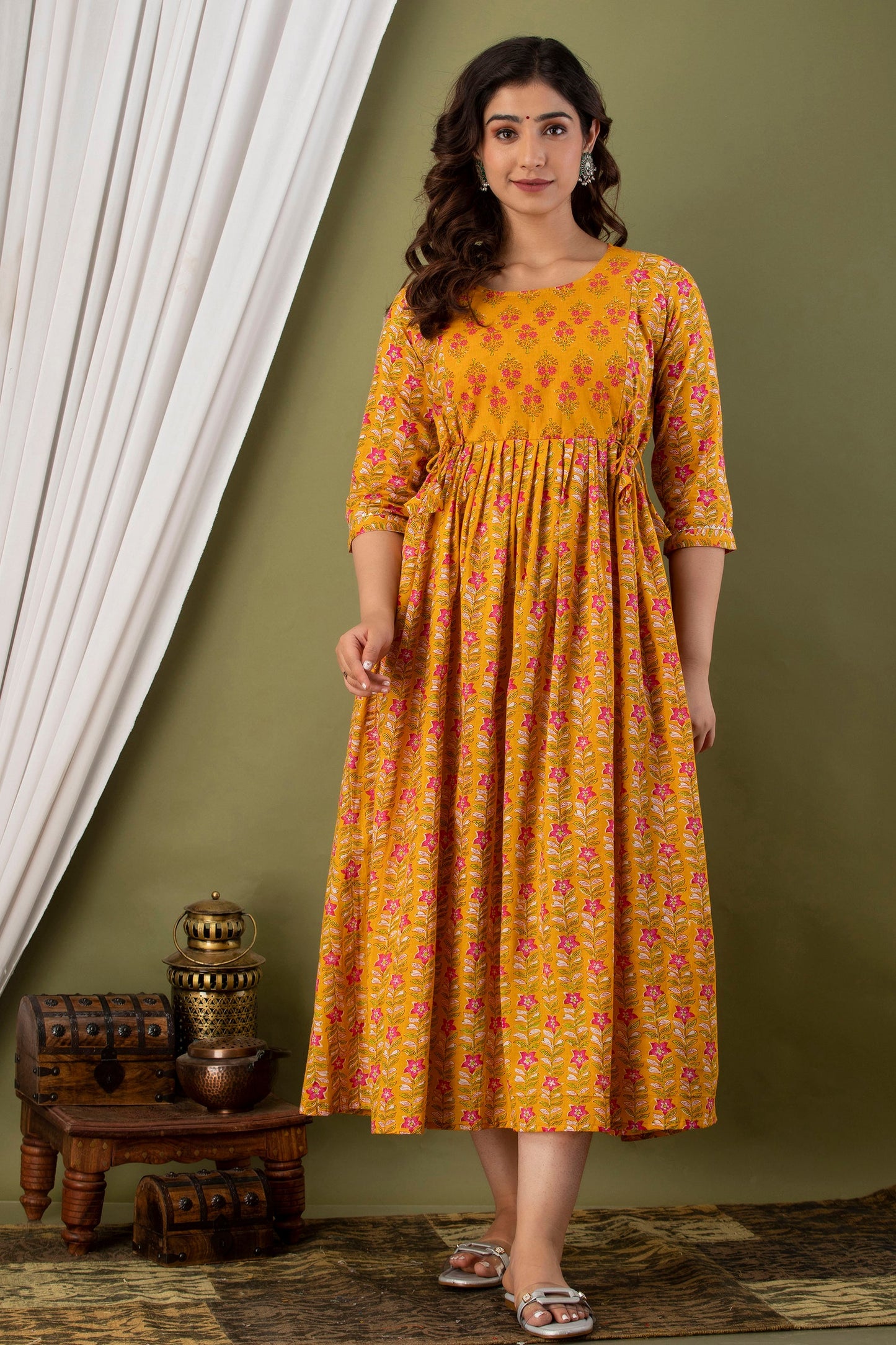 Hima Premium Cotton Anarkali Feeding & Maternity Kurti – 48 Inch Length, 2 Side Zips All-Day Comfort for Moms (Yellow)