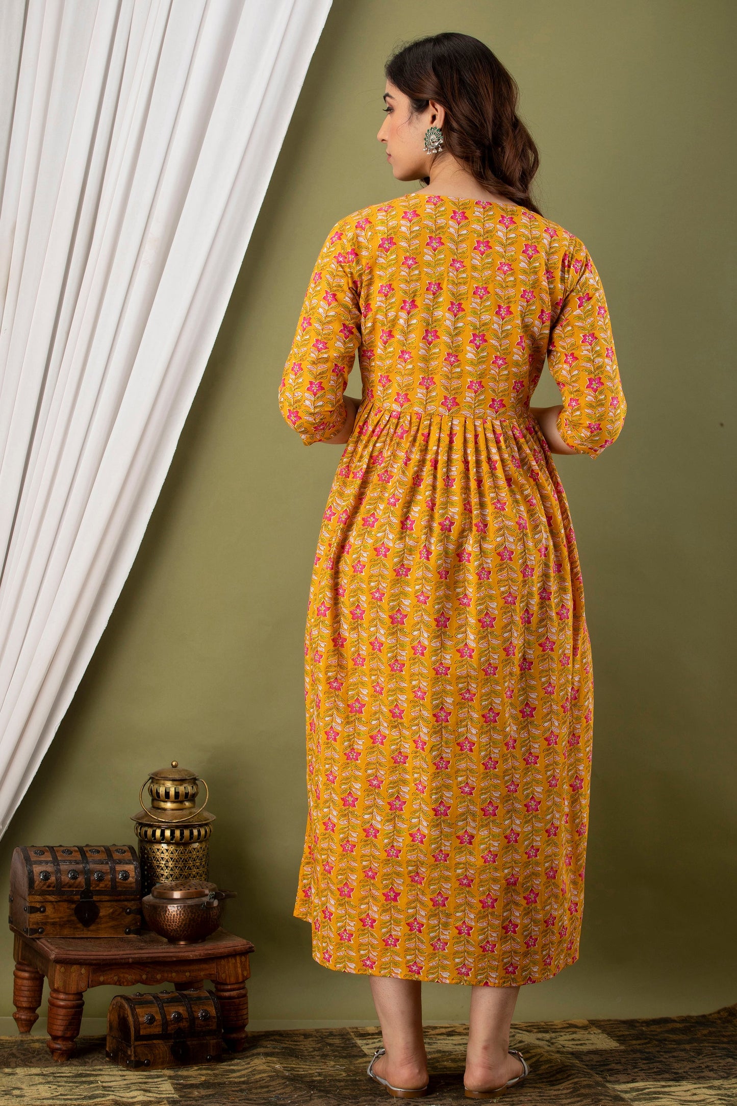 Hima Premium Cotton Anarkali Feeding & Maternity Kurti – 48 Inch Length, 2 Side Zips All-Day Comfort for Moms (Yellow)