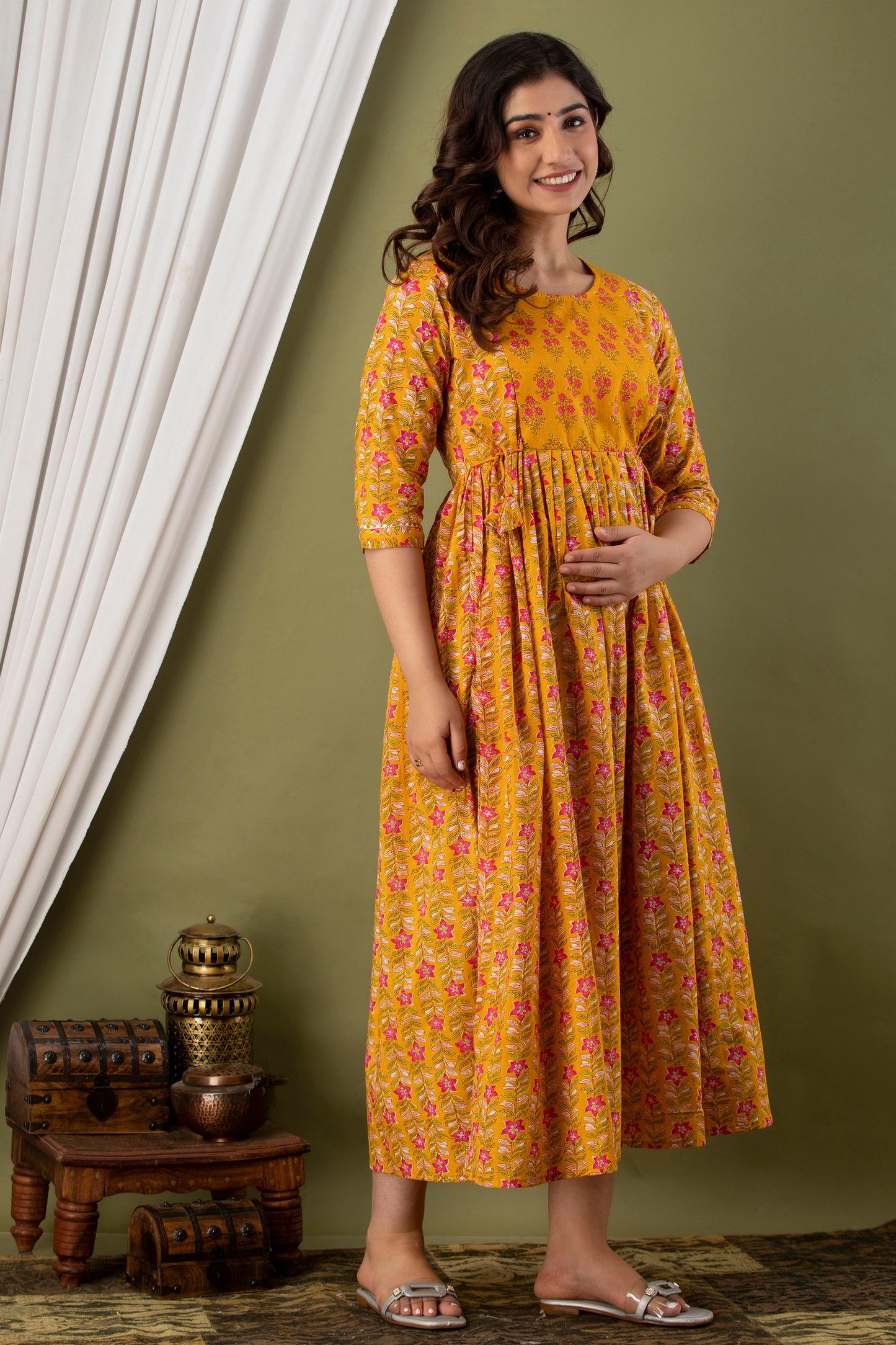 Hima Premium Cotton Anarkali Feeding & Maternity Kurti – 48 Inch Length, 2 Side Zips All-Day Comfort for Moms (Yellow)