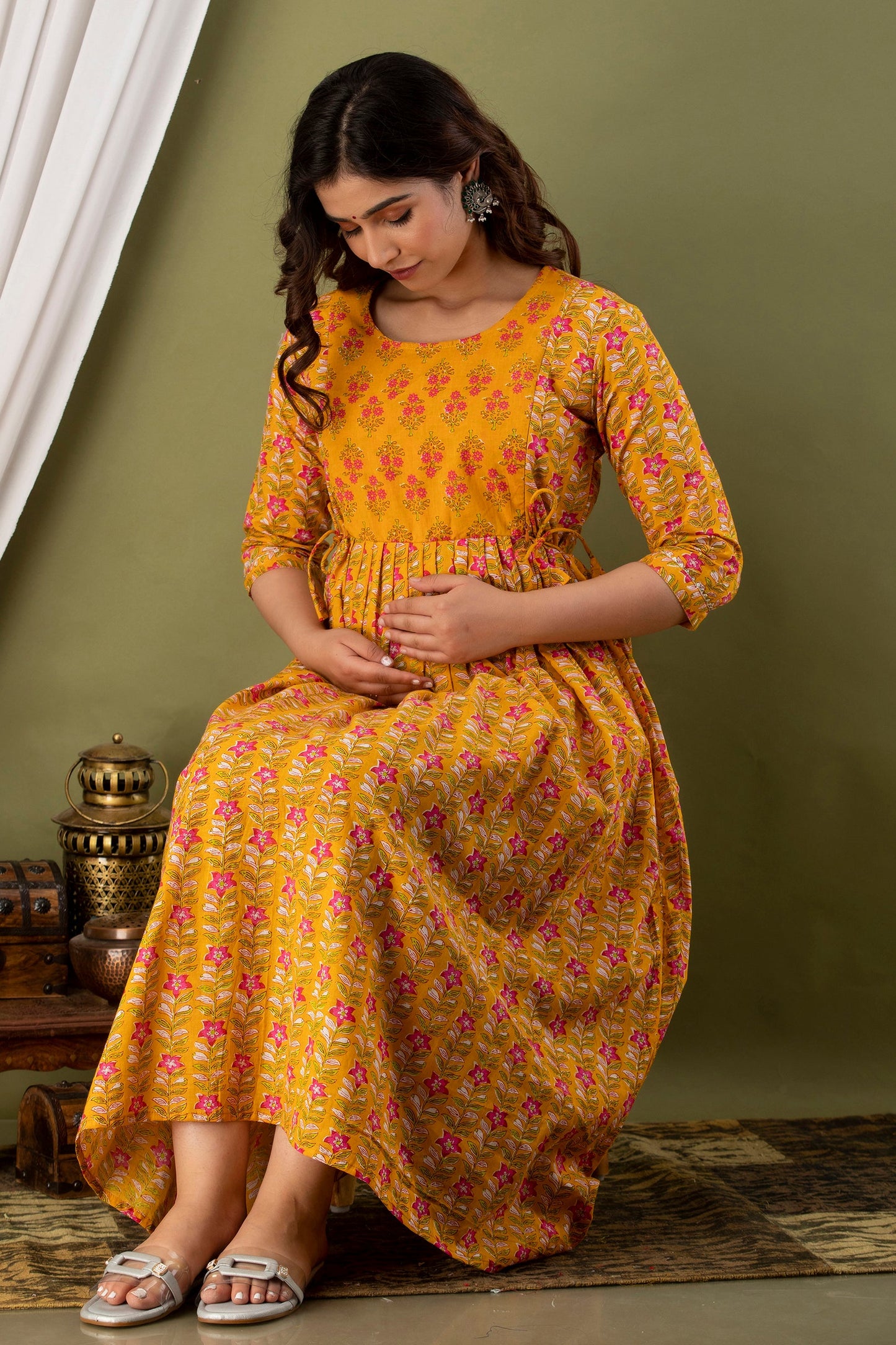 Hima Premium Cotton Anarkali Feeding & Maternity Kurti – 48 Inch Length, 2 Side Zips All-Day Comfort for Moms (Yellow)