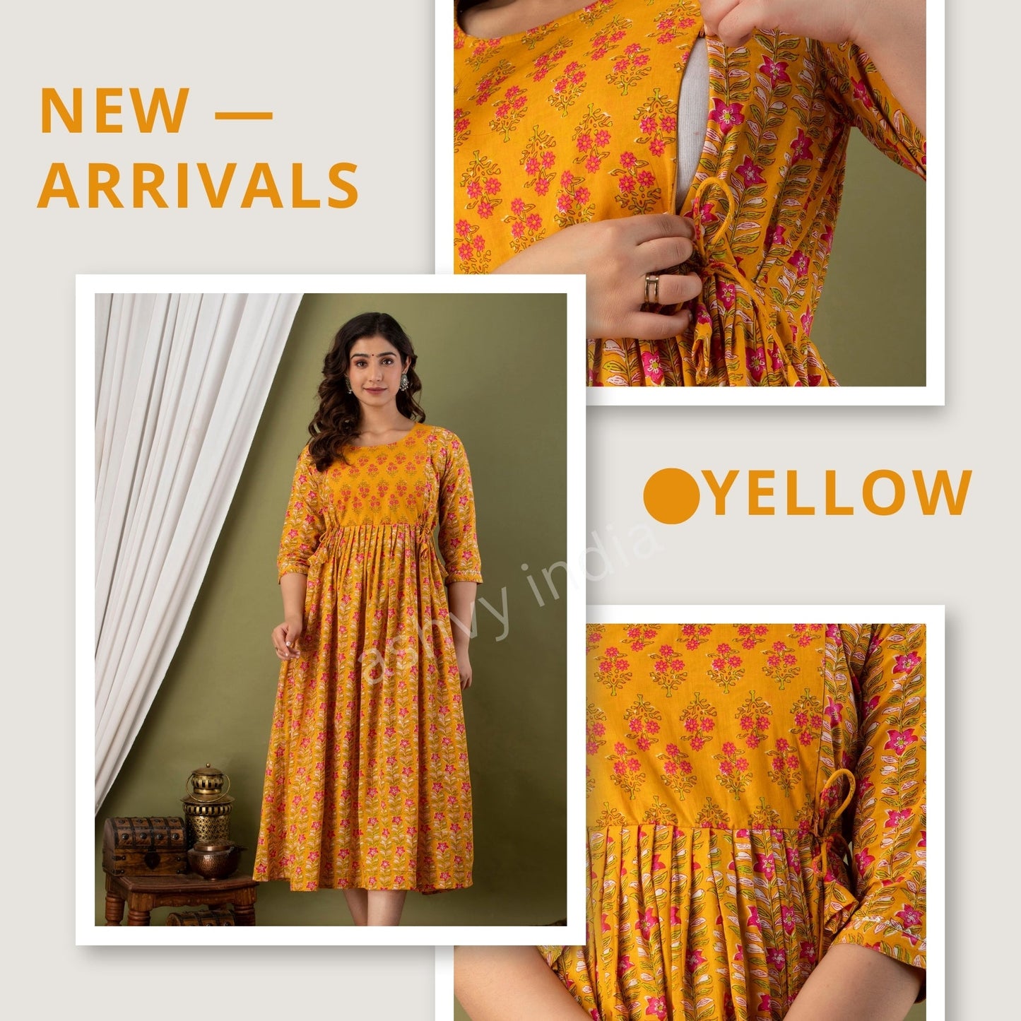 Hima Premium Cotton Anarkali Feeding & Maternity Kurti – 48 Inch Length, 2 Side Zips All-Day Comfort for Moms (Yellow)