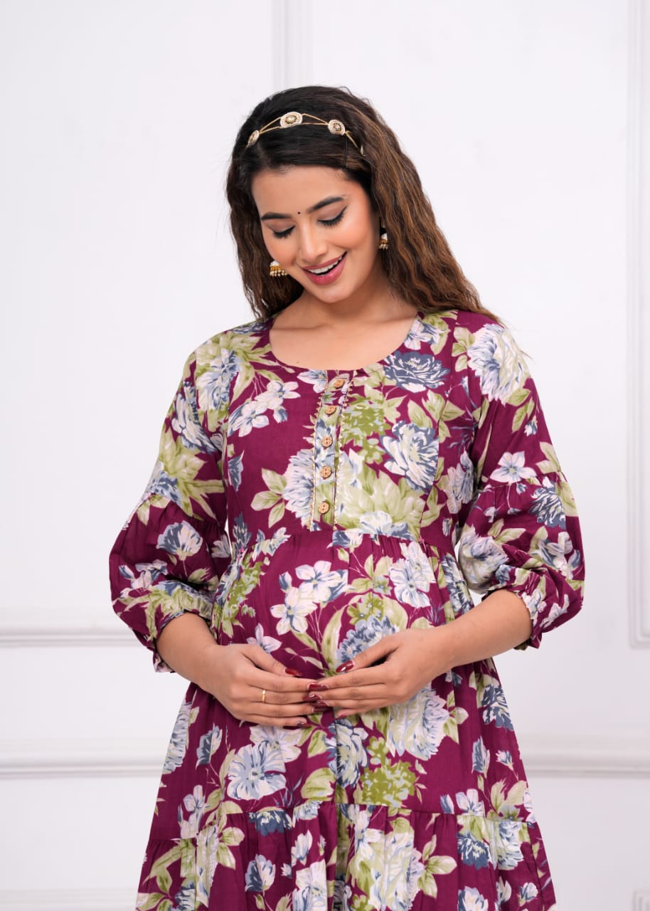 Hima Premium Cotton Anarkali Feeding & Maternity Kurti β 48 Inch Length, 2 Side Zips All-Day Comfort for Moms (Purple)