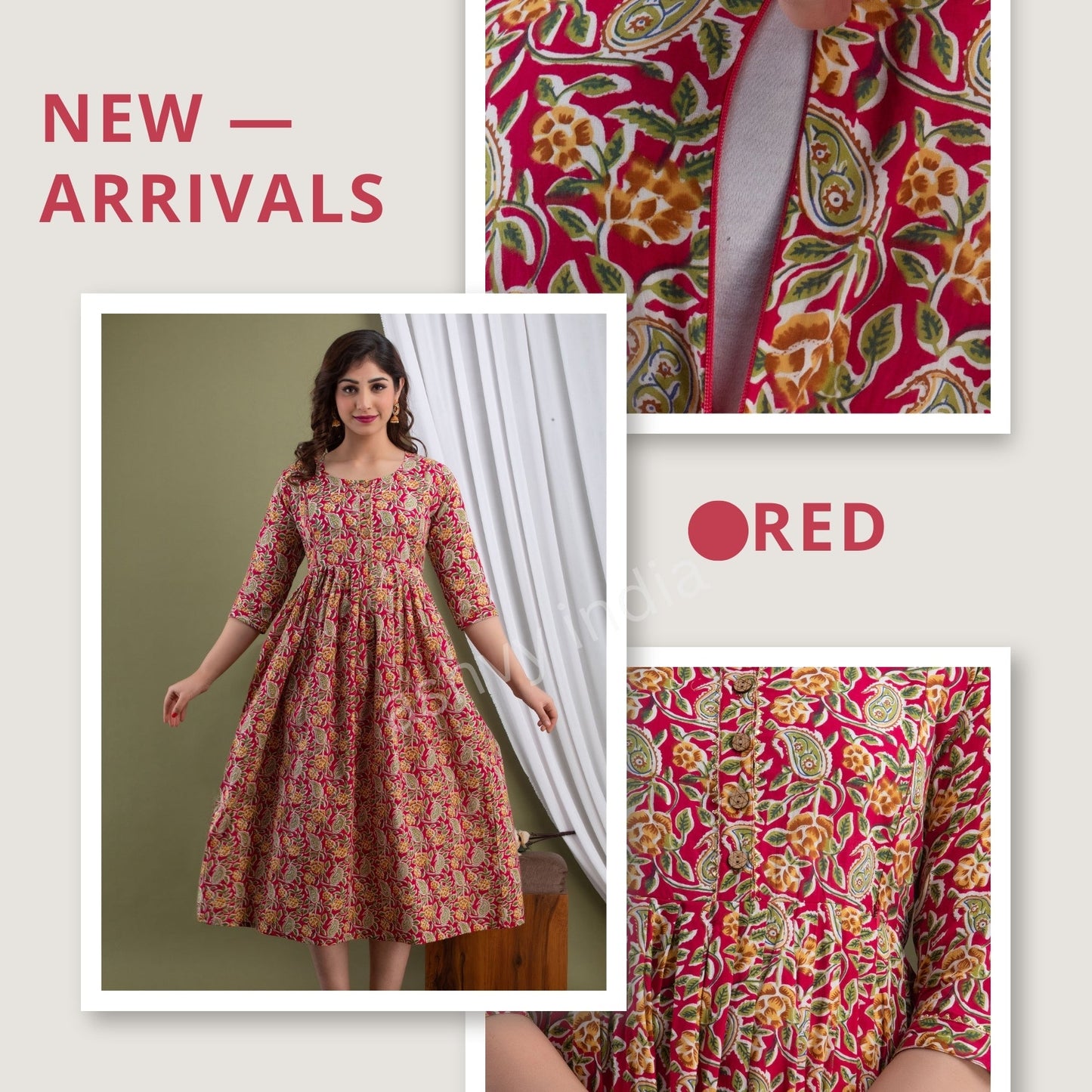 Hima Premium Cotton Anarkali Feeding & Maternity Kurti – 48 Inch Length, 2 Side Zips All-Day Comfort for Moms (Red)