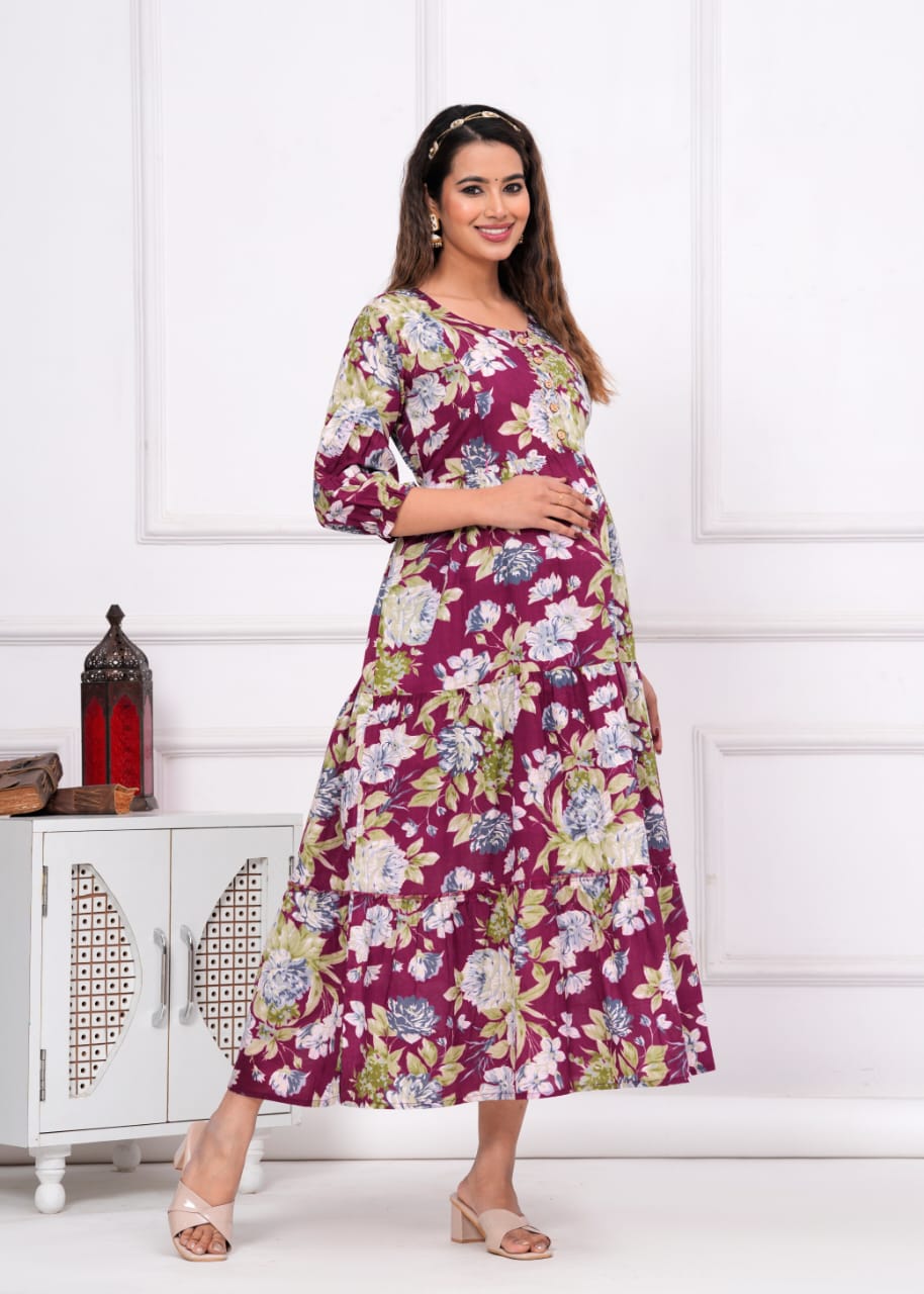 Hima Premium Cotton Anarkali Feeding & Maternity Kurti β 48 Inch Length, 2 Side Zips All-Day Comfort for Moms (Purple)
