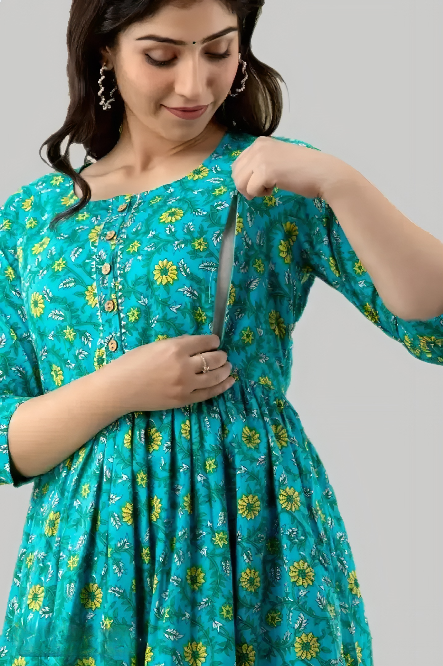 Hima Premium Cotton Anarkali Feeding & Maternity Kurti – 48 Inch Length, 2 Side Zips All-Day Comfort for Moms (Green)