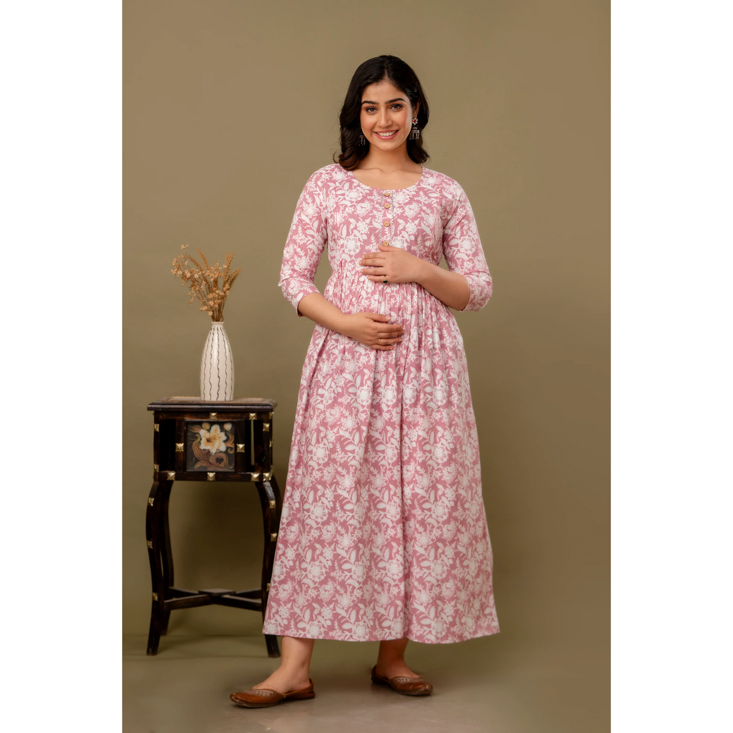 Hima Premium Cotton Anarkali Feeding & Maternity Kurti β 48 Inch Length, 2 Side Zips All-Day Comfort for Moms (Pink)