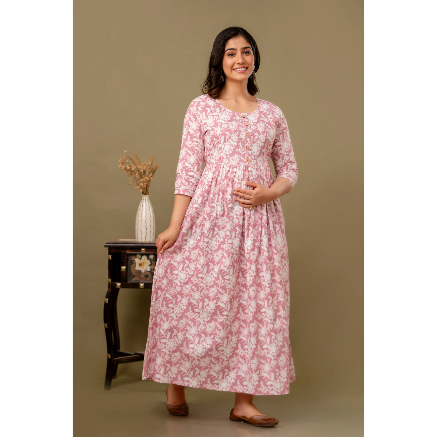 Hima Premium Cotton Anarkali Feeding & Maternity Kurti β 48 Inch Length, 2 Side Zips All-Day Comfort for Moms (Pink)