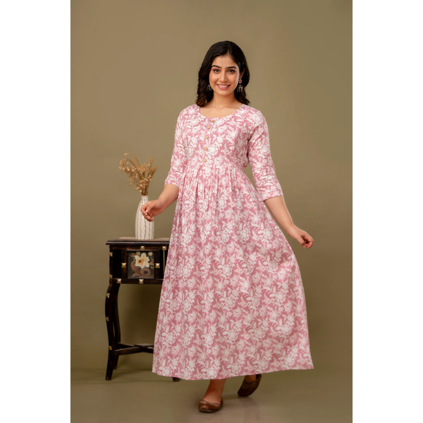 Hima Premium Cotton Anarkali Feeding & Maternity Kurti β 48 Inch Length, 2 Side Zips All-Day Comfort for Moms (Pink)