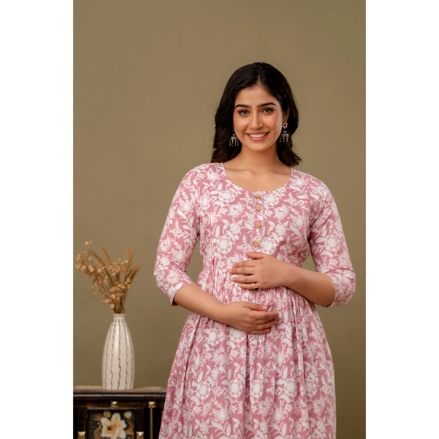 Hima Premium Cotton Anarkali Feeding & Maternity Kurti β 48 Inch Length, 2 Side Zips All-Day Comfort for Moms (Pink)