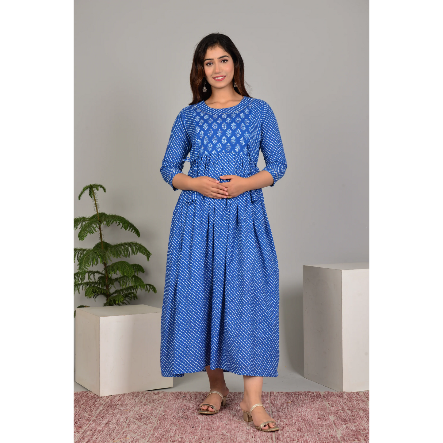 Hima Premium Cotton Anarkali Feeding & Maternity Kurti β 48 Inch Length, 2 Side Zips All-Day Comfort for Moms (Blue)