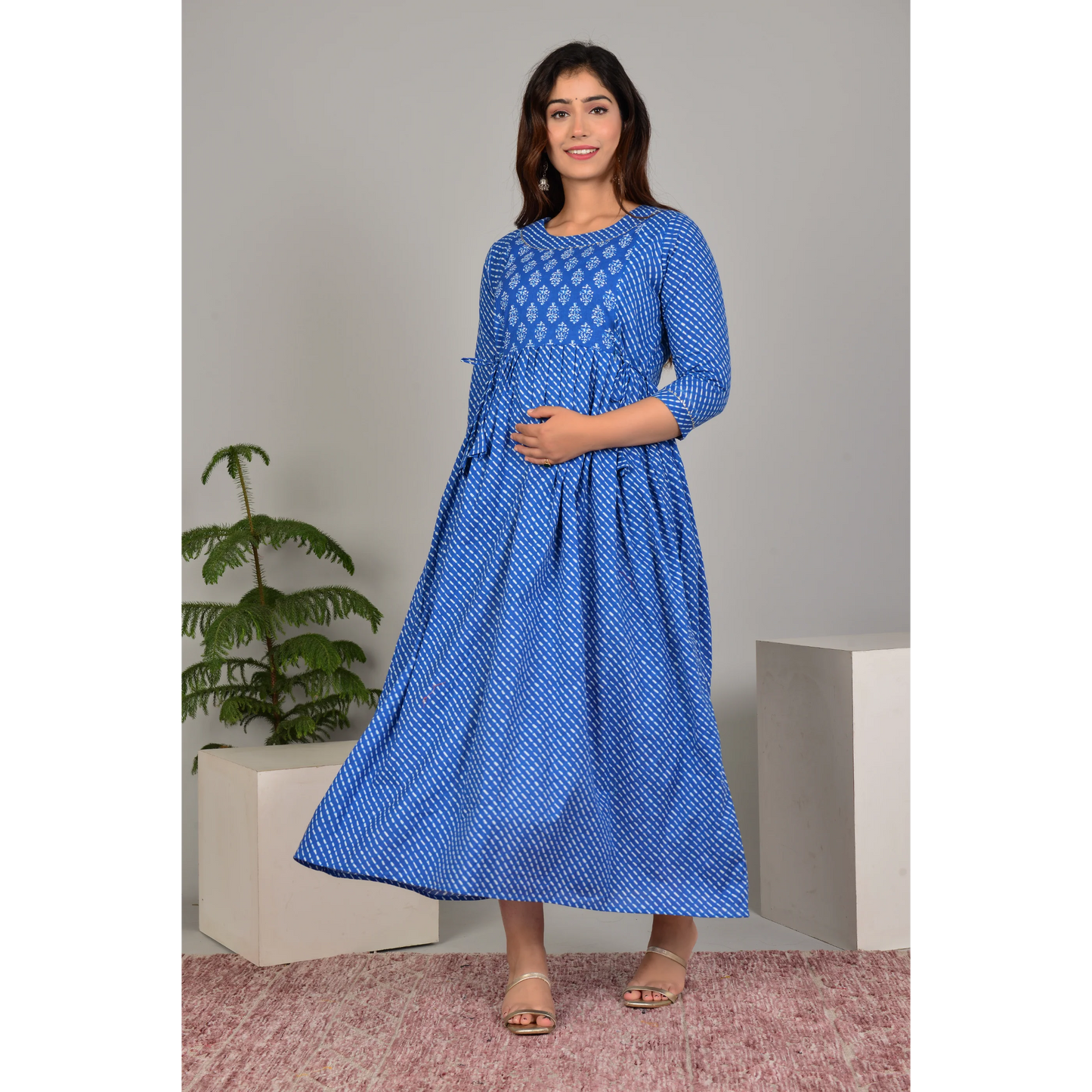 Hima Premium Cotton Anarkali Feeding & Maternity Kurti β 48 Inch Length, 2 Side Zips All-Day Comfort for Moms (Blue)