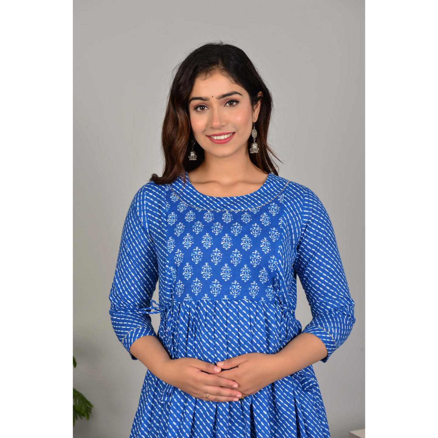 Hima Premium Cotton Anarkali Feeding & Maternity Kurti β 48 Inch Length, 2 Side Zips All-Day Comfort for Moms (Blue)