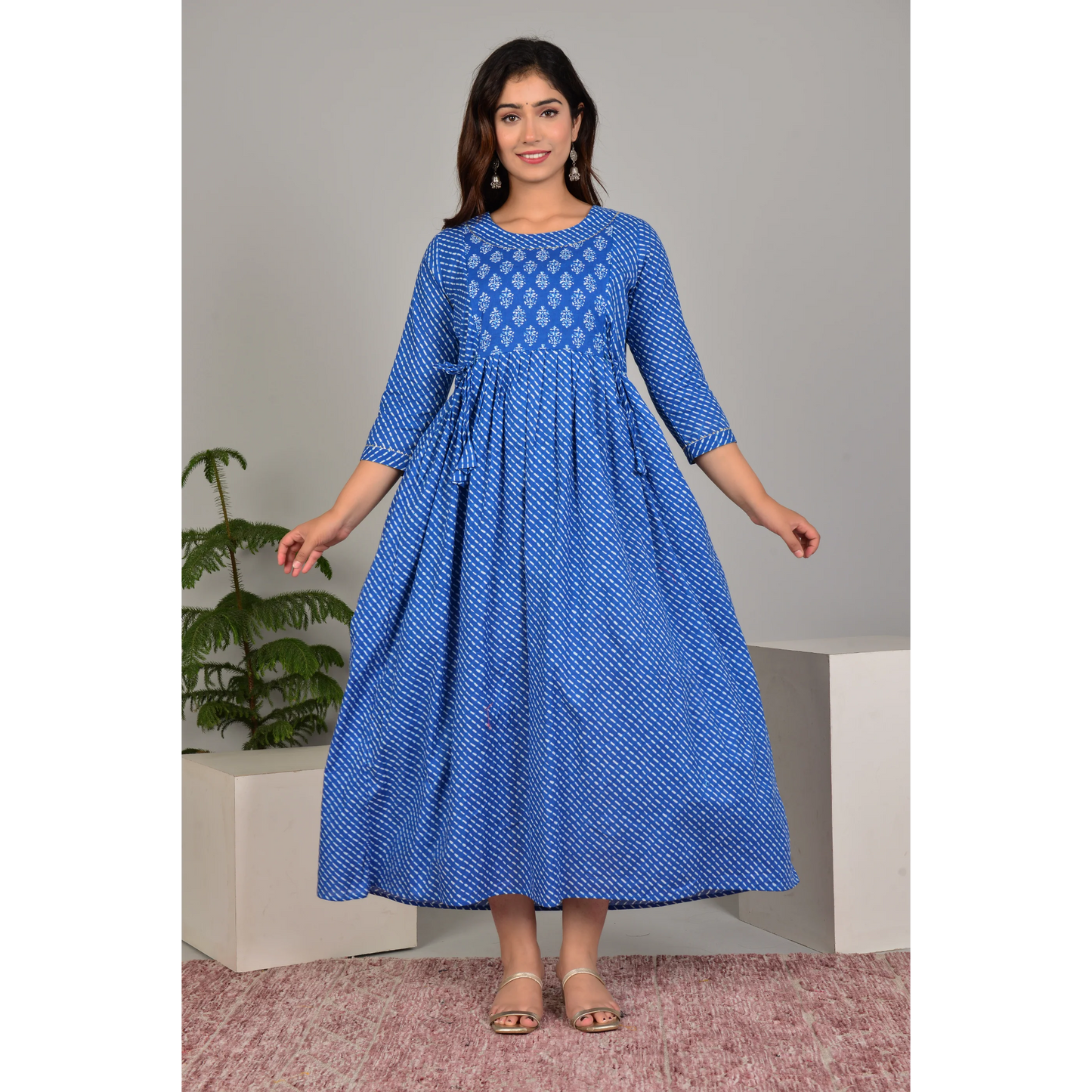 Hima Premium Cotton Anarkali Feeding & Maternity Kurti β 48 Inch Length, 2 Side Zips All-Day Comfort for Moms (Blue)
