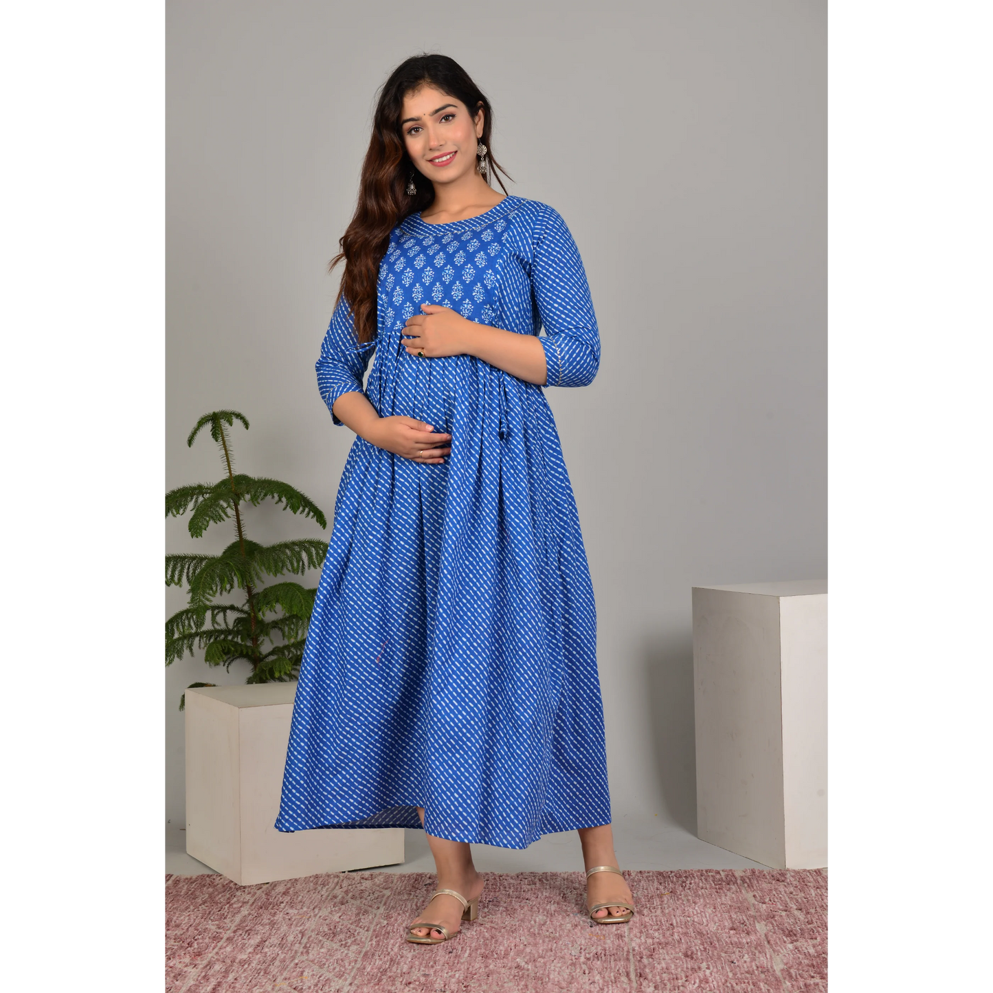 Hima Premium Cotton Anarkali Feeding & Maternity Kurti β 48 Inch Length, 2 Side Zips All-Day Comfort for Moms (Blue)