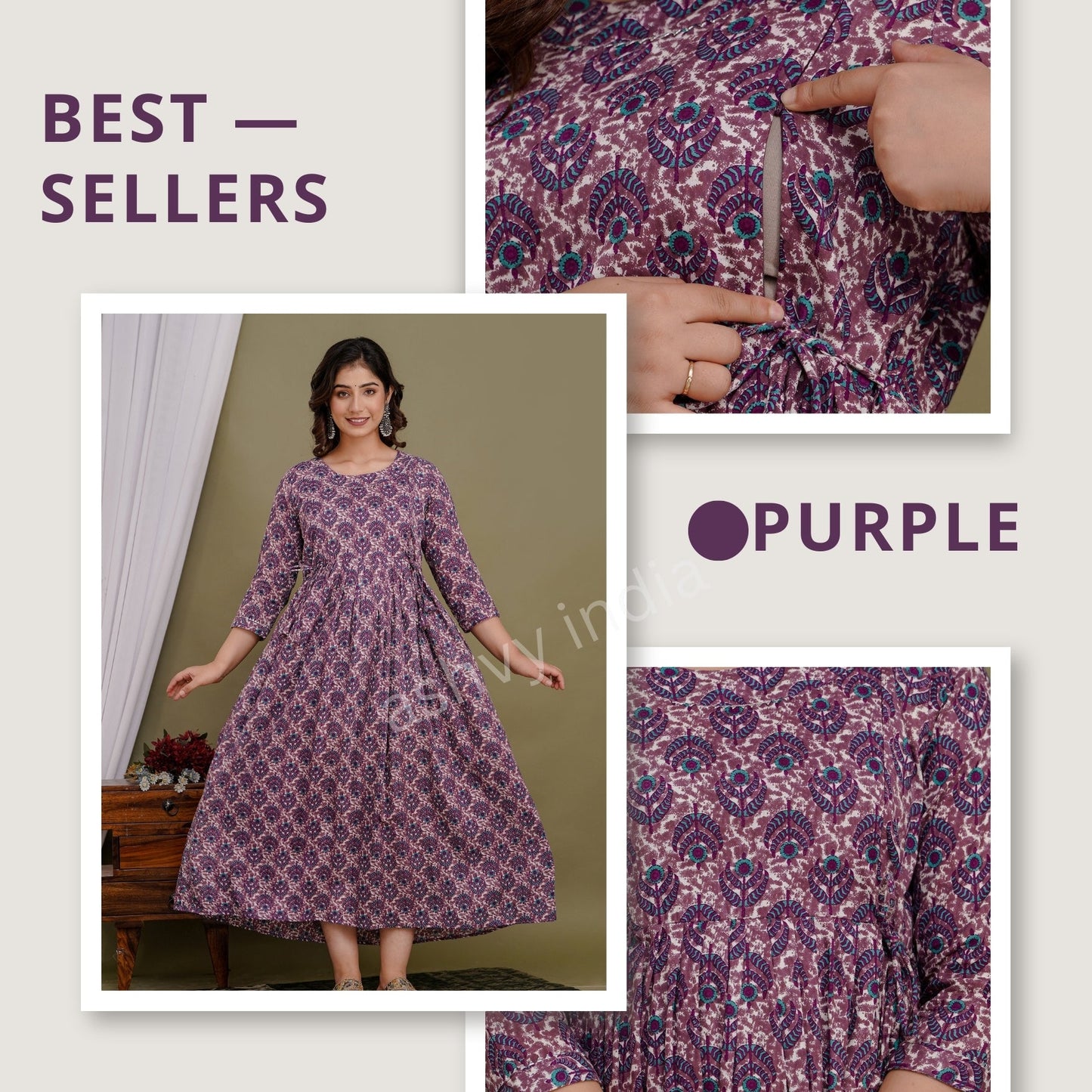 Hima Premium Cotton Anarkali Feeding & Maternity Kurti β 48 Inch Length, 2 Side Zips All-Day Comfort for Moms (Purple)