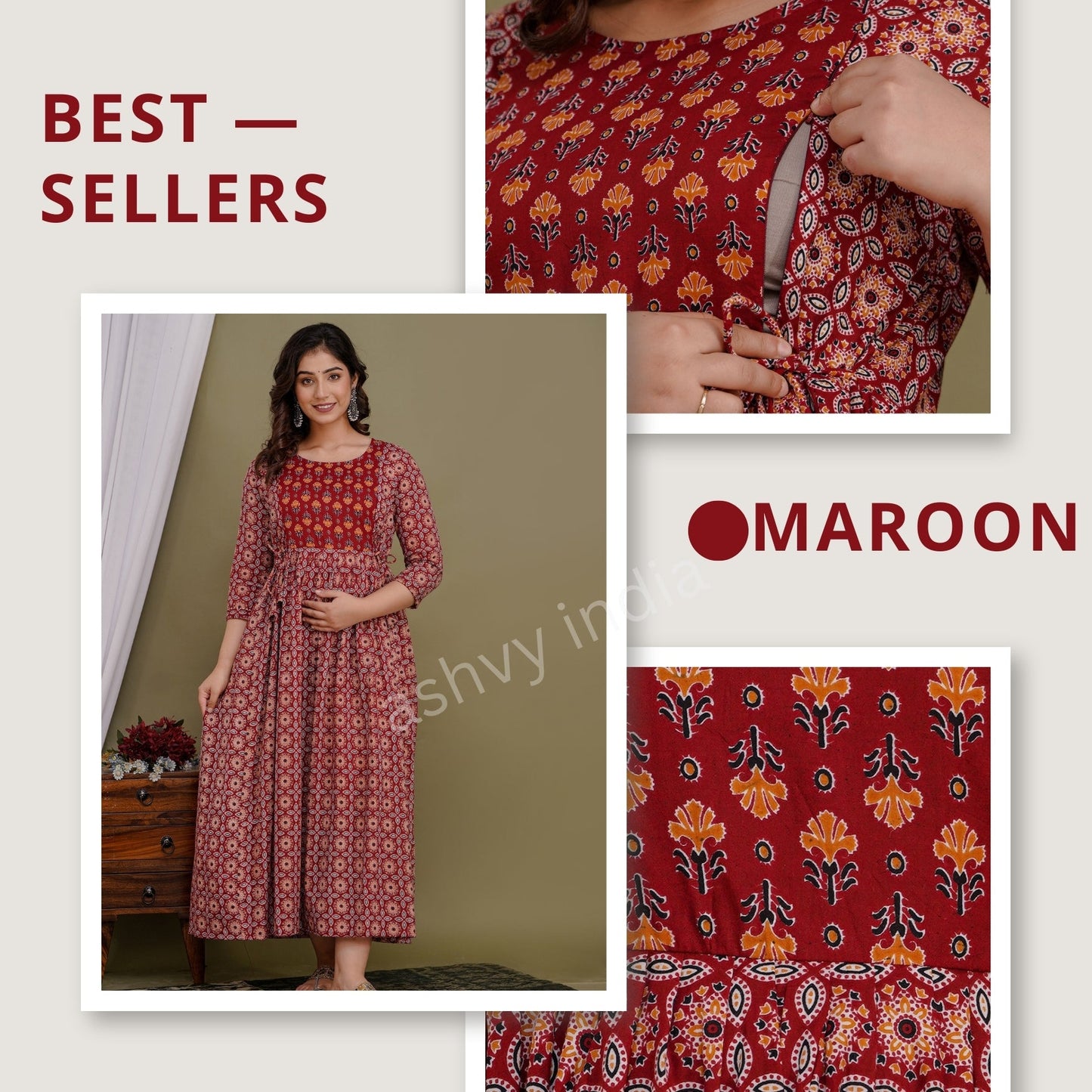 Hima Premium Cotton Anarkali Feeding & Maternity Kurti – 48 Inch Length, 2 Side Zips All-Day Comfort for Moms (Red)(TUL001)