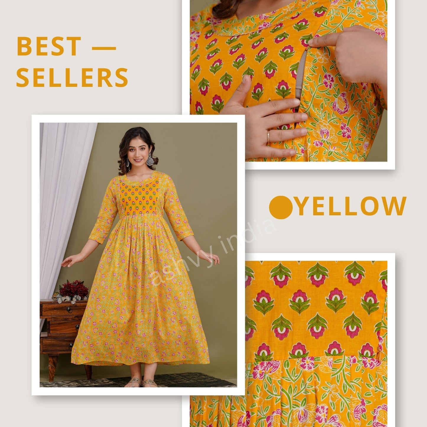 Hima Premium Cotton Anarkali Feeding & Maternity Kurti – 48 Inch Length, 2 Side Zips All-Day Comfort for Moms (Yellow)