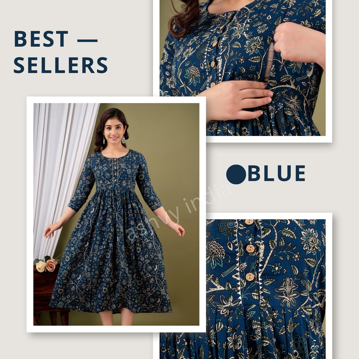 Hima Premium Cotton Anarkali Feeding & Maternity Kurti – 48 Inch Length, 2 Side Zips All-Day Comfort for Moms (Blue)
