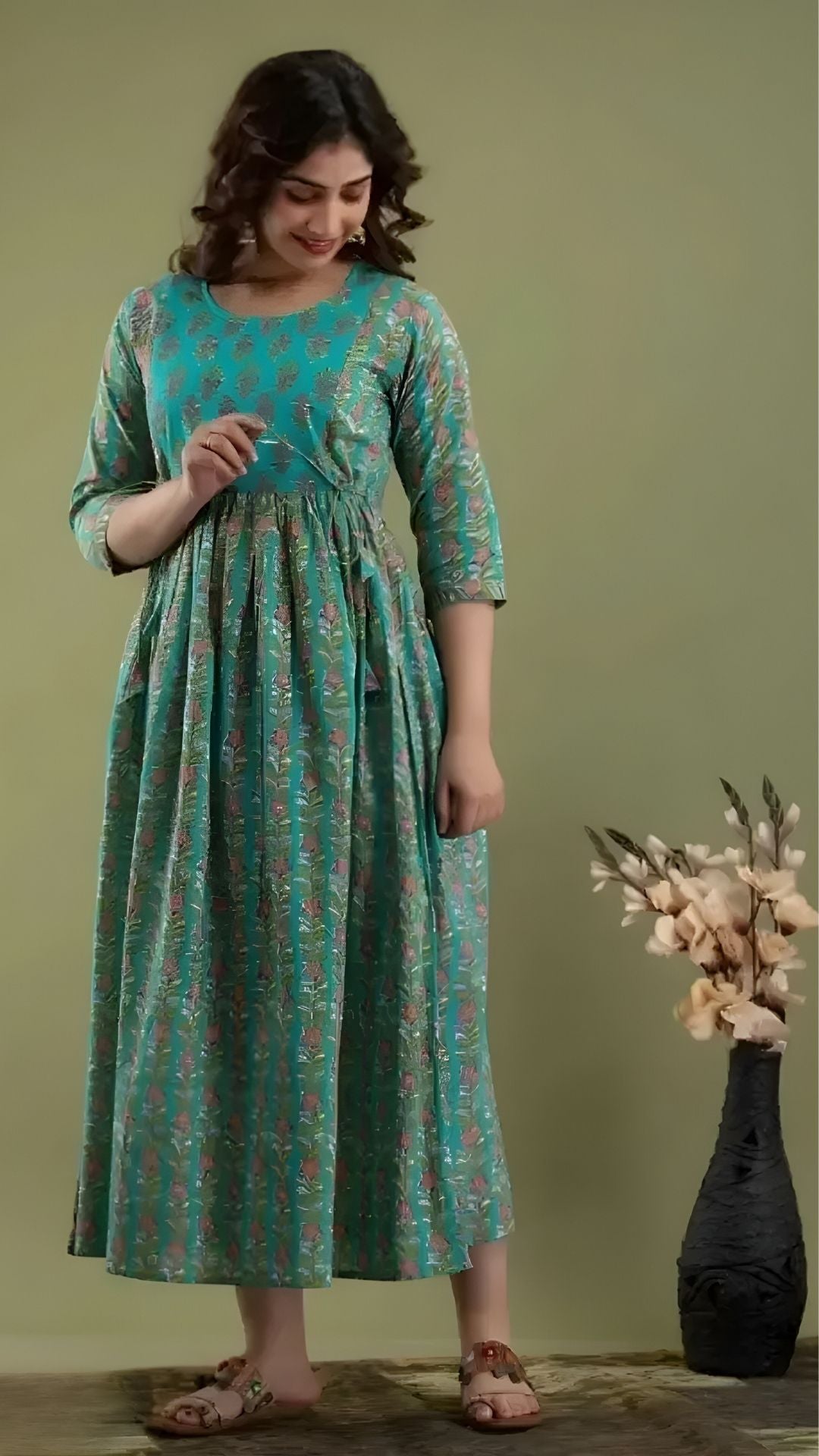 Hima Premium Cotton Anarkali Feeding & Maternity Kurti – 48 Inch Length, 2 Side Zips All-Day Comfort for Moms (Green)