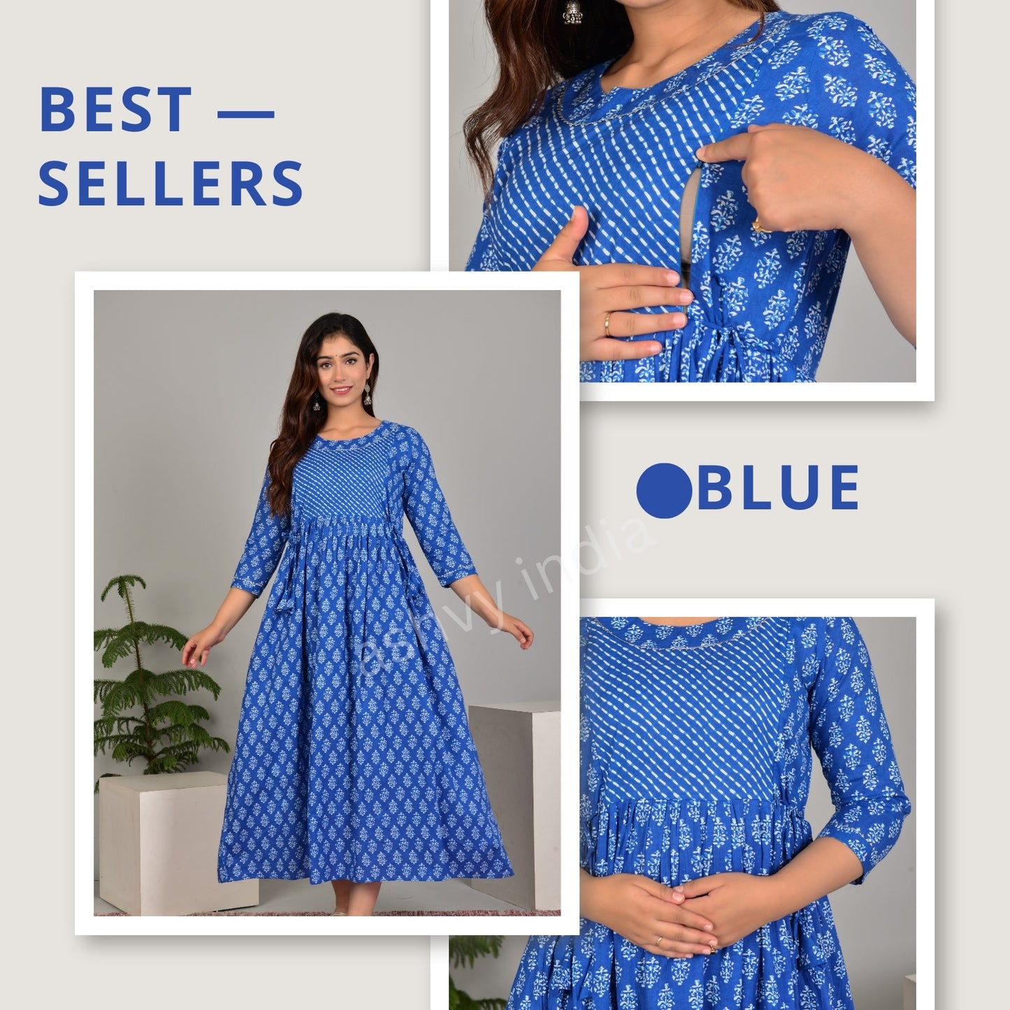 Hima Premium Cotton Anarkali Feeding & Maternity Kurti – 48 Inch Length, 2 Side Zips All-Day Comfort for Moms (Blue)
