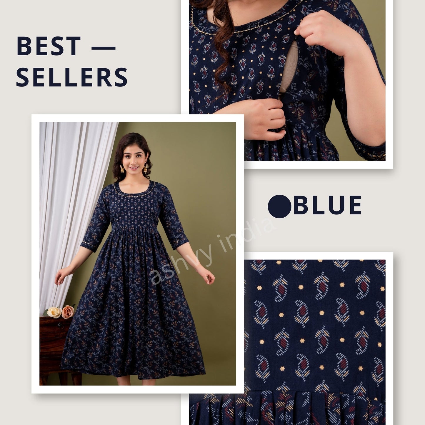 Hima Premium Cotton Anarkali Feeding & Maternity Kurti – 48 Inch Length, 2 Side Zips All-Day Comfort for Moms Dark Blue
