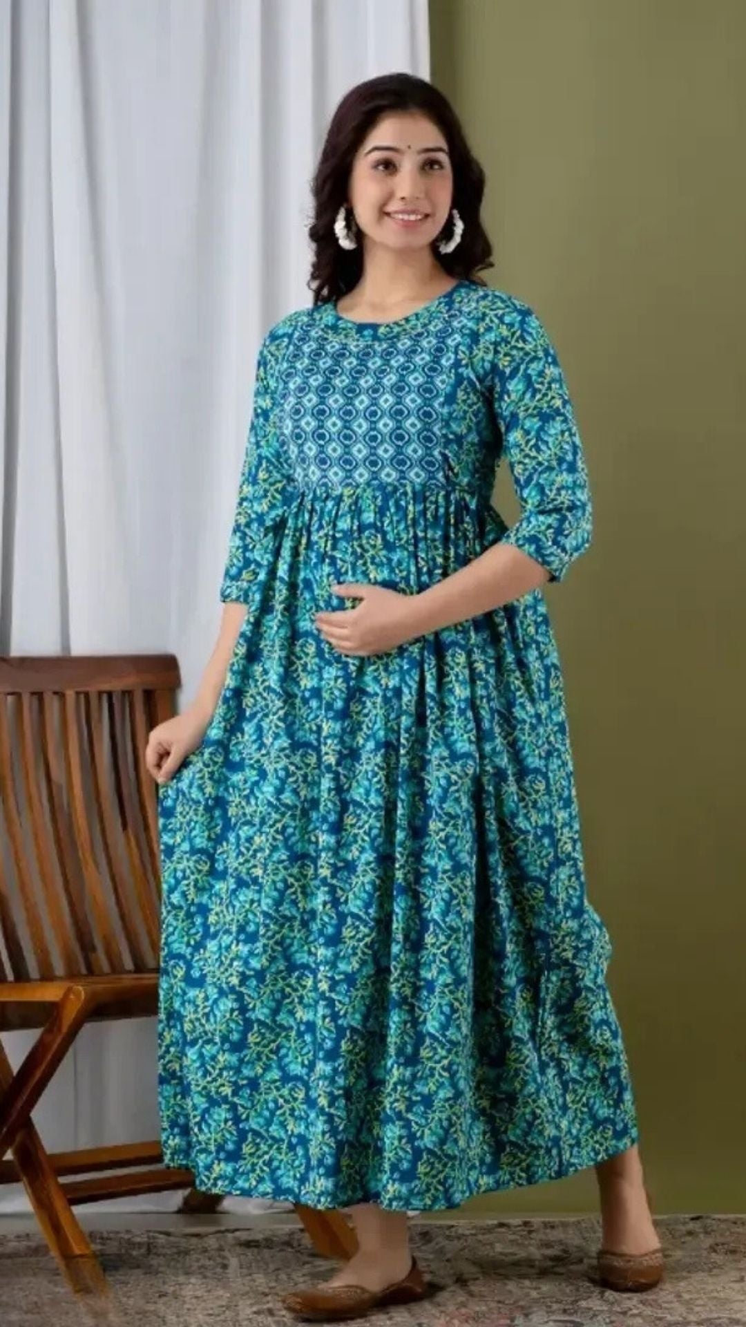 Hima Premium Cotton Anarkali Feeding & Maternity Kurti – 48 Inch Length, 2 Side Zips All-Day Comfort for Moms (Dark Blue)