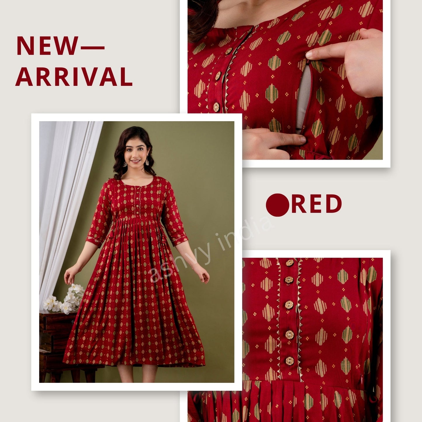 Hima Premium Cotton Anarkali Feeding & Maternity Kurti β 48 Inch Length, 2 Side Zips All-Day Comfort for Moms (Red Rayon)