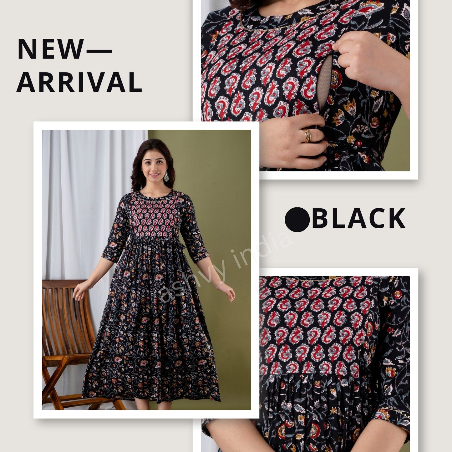 Hima Premium Cotton Anarkali Feeding & Maternity Kurti β 48 Inch Length, 2 Side Zips All-Day Comfort for Moms (Black)