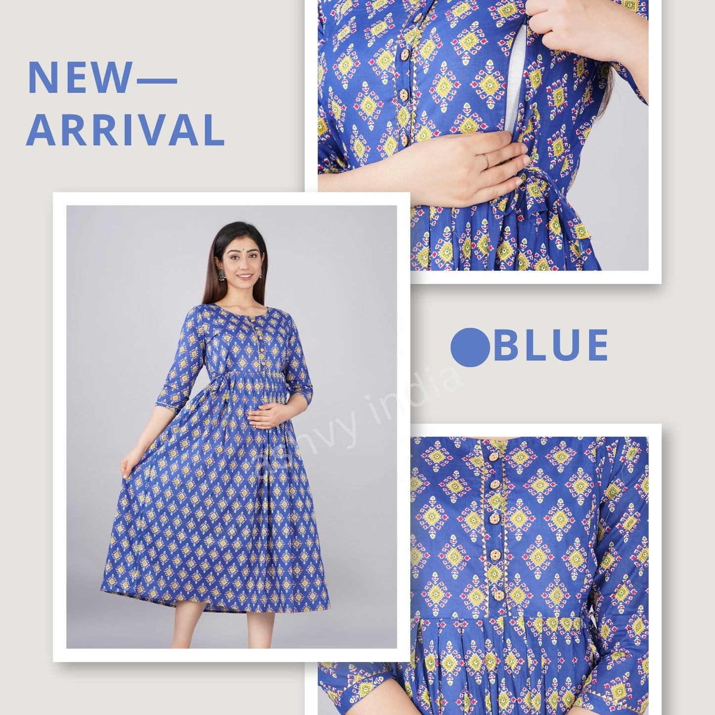 Hima Premium Cotton Anarkali Feeding & Maternity Kurti – 48 Inch Length, 2 Side Zips All-Day Comfort for Moms Blue