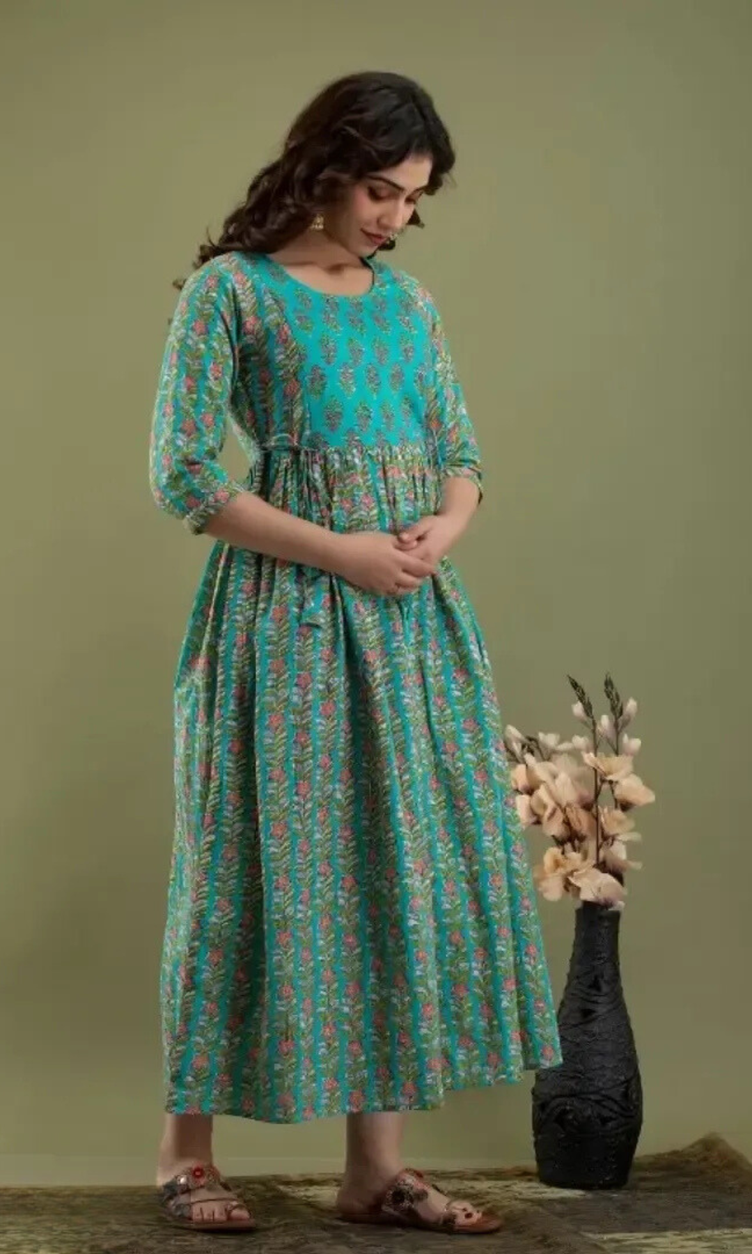 Hima Premium Cotton Anarkali Feeding & Maternity Kurti – 48 Inch Length, 2 Side Zips All-Day Comfort for Moms (Green)
