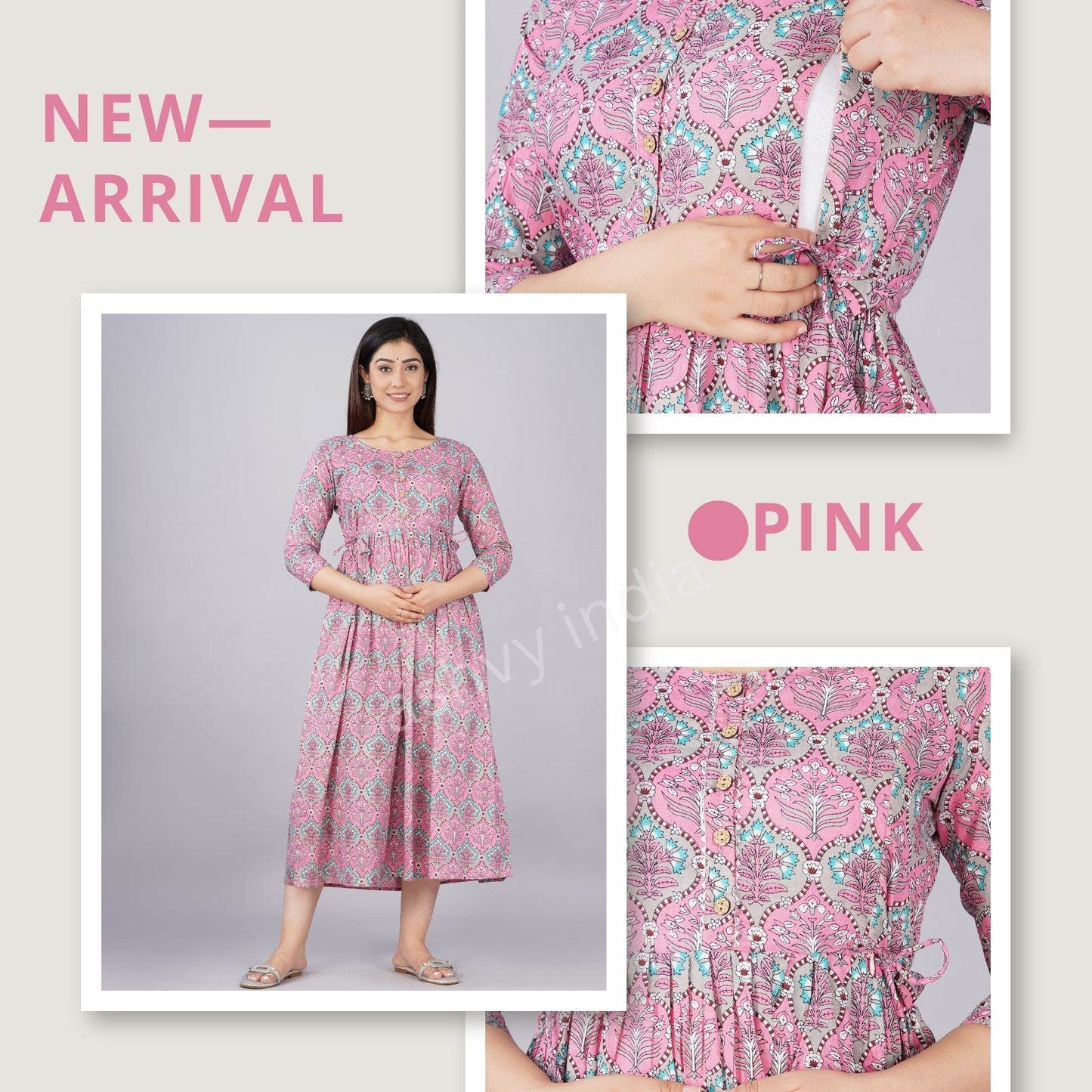 Hima Premium Cotton Anarkali Feeding & Maternity Kurti – 48 Inch Length, 2 Side Zips All-Day Comfort for Moms (Light Pink)