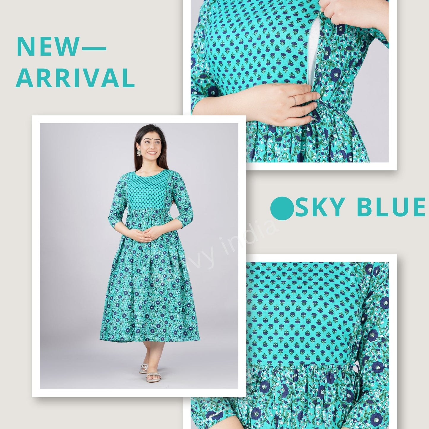 Hima Premium Cotton Anarkali Feeding & Maternity Kurti β 48 Inch Length, 2 Side Zips All-Day Comfort for Moms (Light Blue)