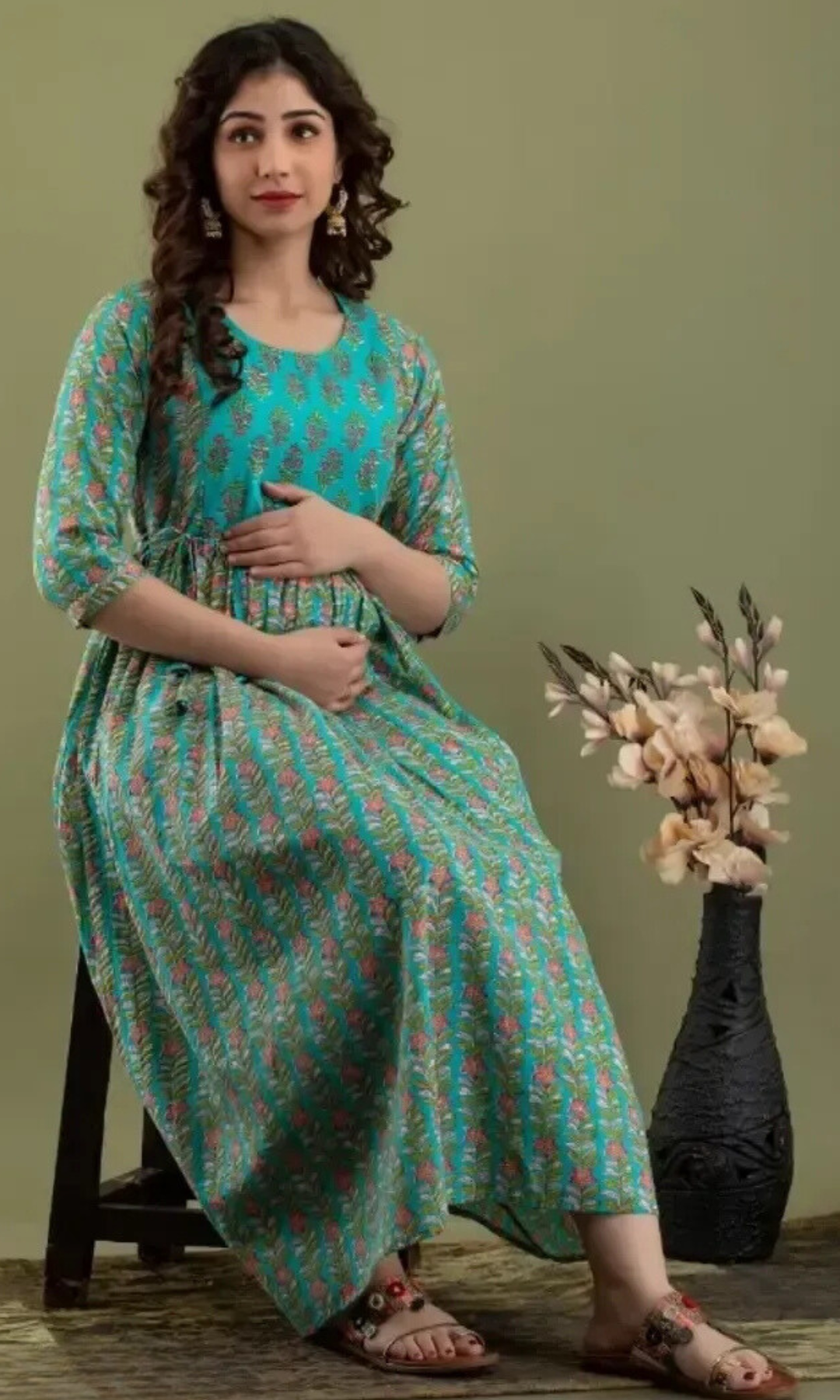 Hima Premium Cotton Anarkali Feeding & Maternity Kurti – 48 Inch Length, 2 Side Zips All-Day Comfort for Moms (Green)