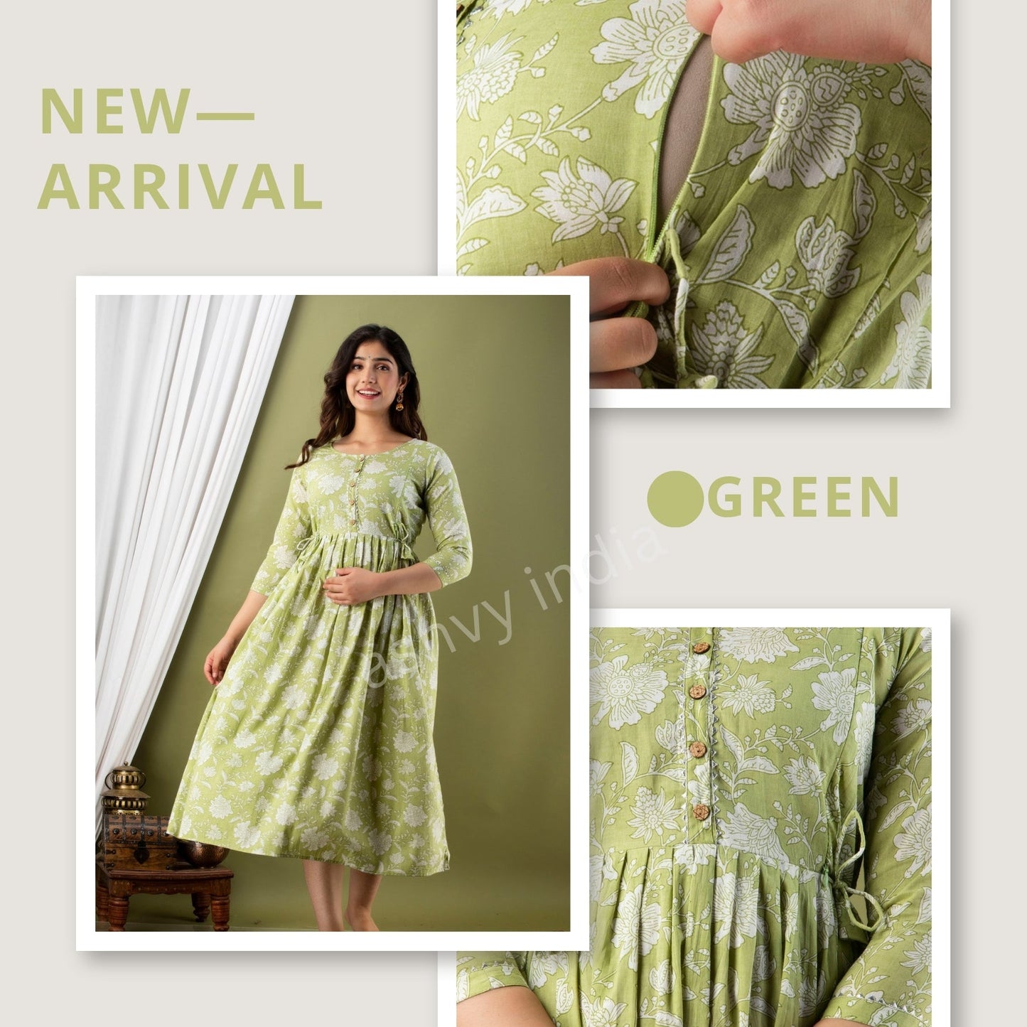 Hima Premium Cotton Anarkali Feeding & Maternity Kurti – 48 Inch Length, 2 Side Zips All-Day Comfort for Moms (Light Green)