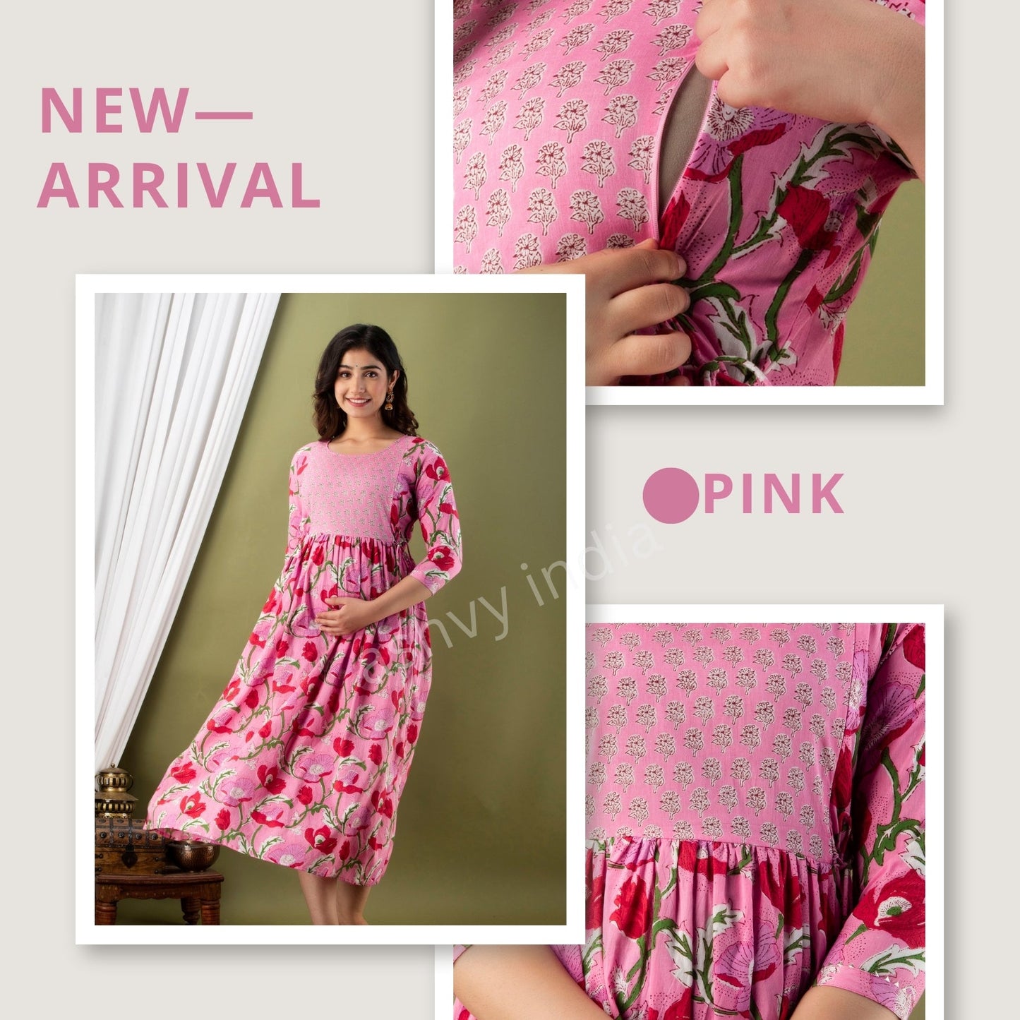 Hima Premium Cotton Anarkali Feeding & Maternity Kurti – 48 Inch Length, 2 Side Zips All-Day Comfort for Moms (Pink)