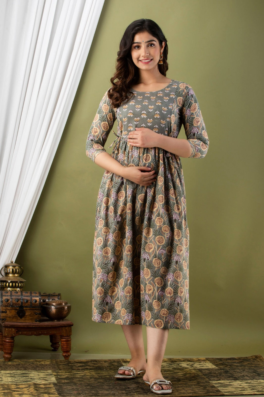 Hima Premium Cotton Anarkali Feeding & Maternity Kurti – 48 Inch Length, 2 Side Zips All-Day Comfort for Moms (Grey)
