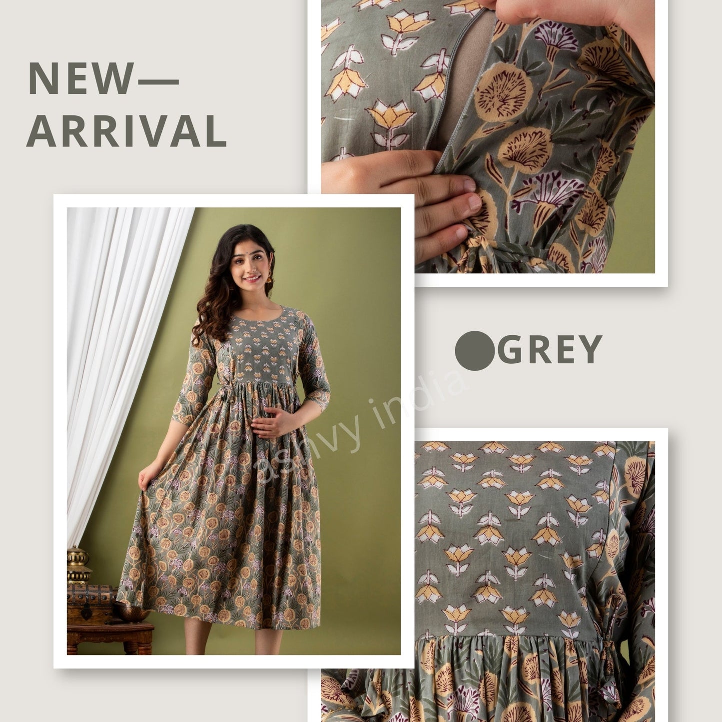 Hima Premium Cotton Anarkali Feeding & Maternity Kurti – 48 Inch Length, 2 Side Zips All-Day Comfort for Moms (Grey)
